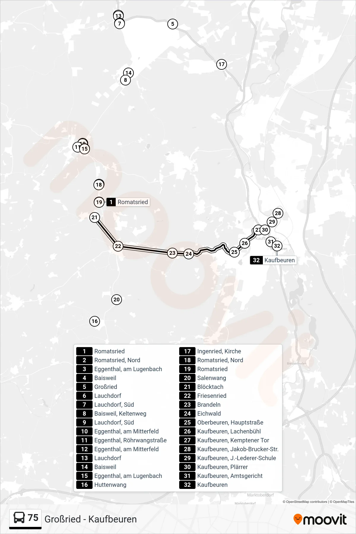 Linie 75 (Bus) Richtung Kaufbeuren: Route und Haltestellen auf der Karte
