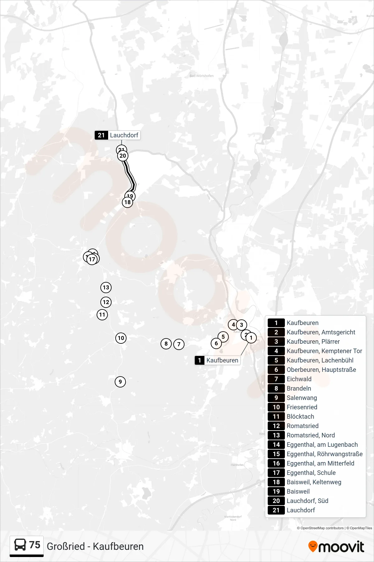 Linie 75 (Bus) Richtung Lauchdorf: Route und Haltestellen auf der Karte