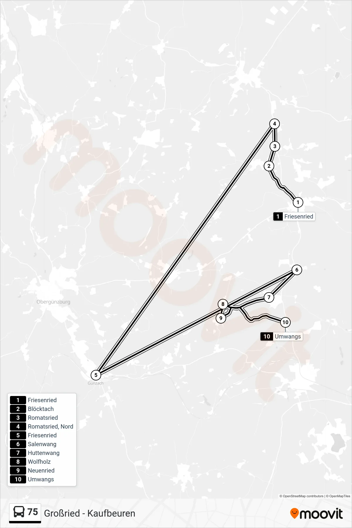 75 bus Line (Umwangs) route and stops on a map
