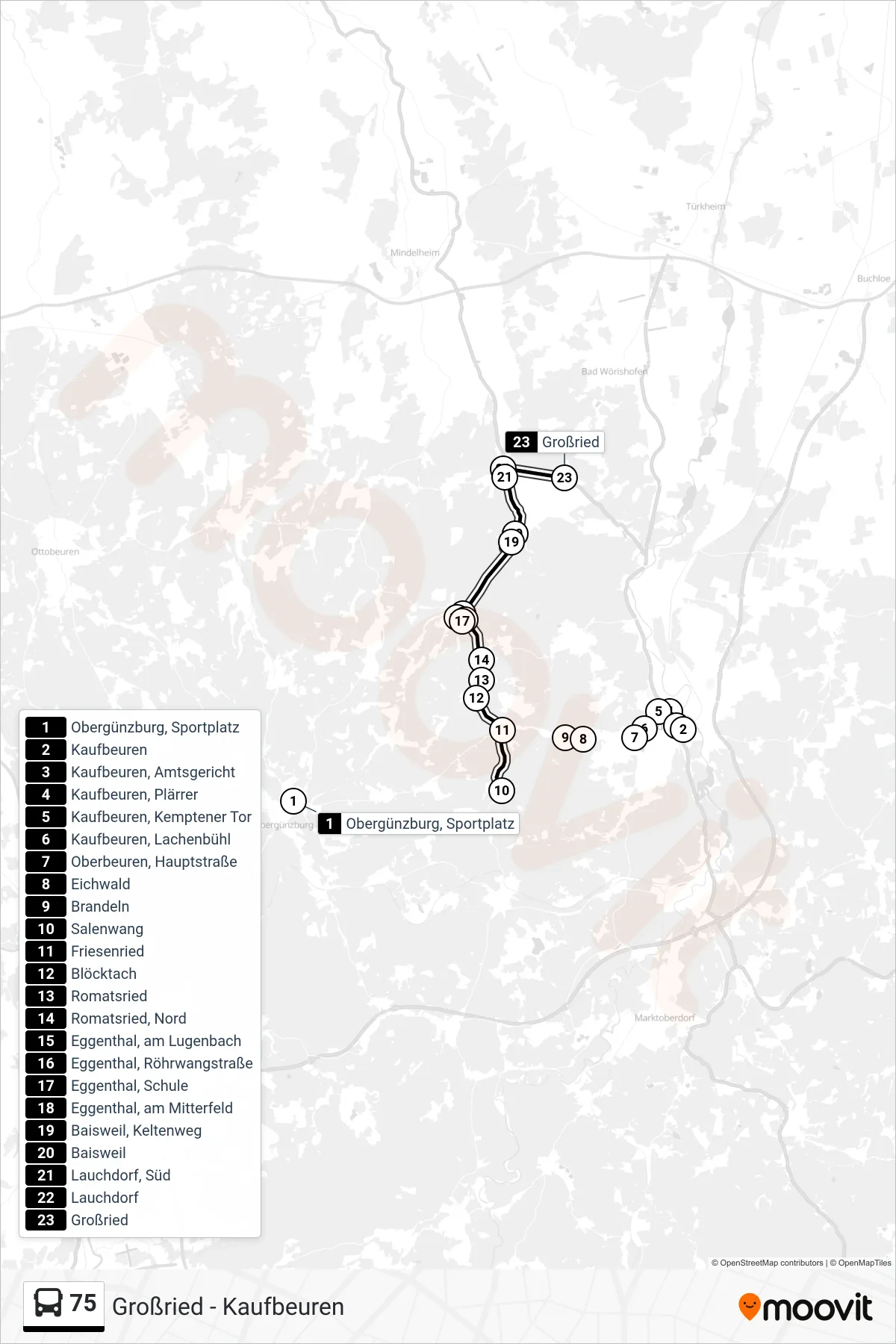 75 bus Line (Großried) route and stops on a map