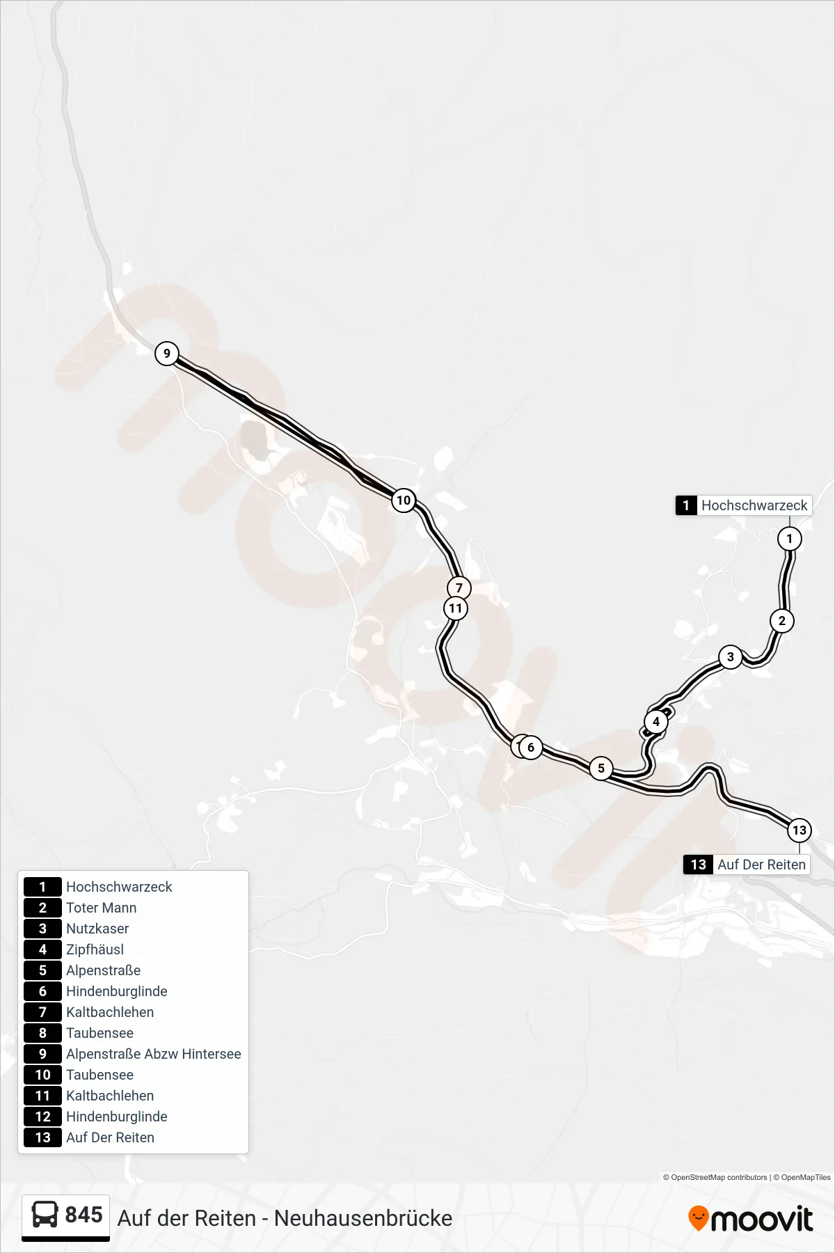845 bus Line (Bischofswiesen; Zentrum) route and stops on a map