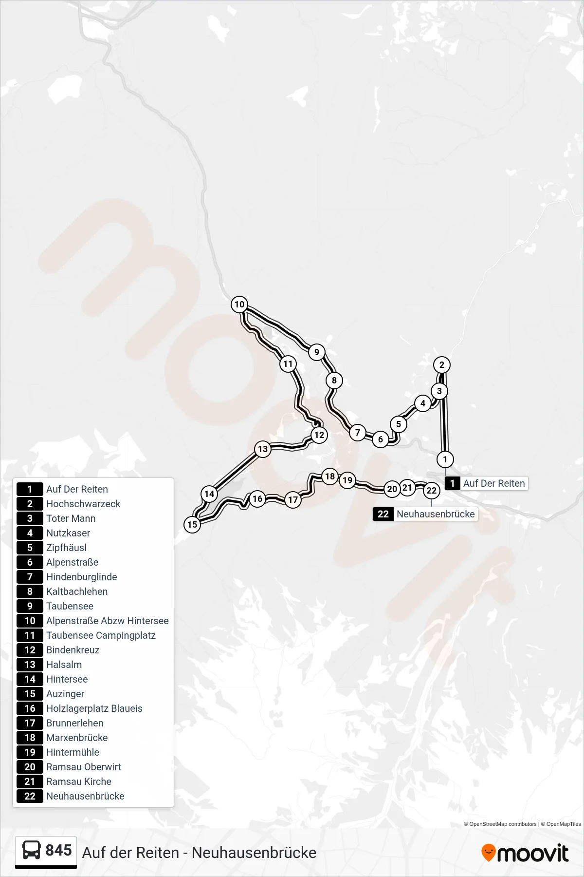 Linie 845 (Bus) Richtung Schulbus; Ramsau: Route und Haltestellen auf der Karte