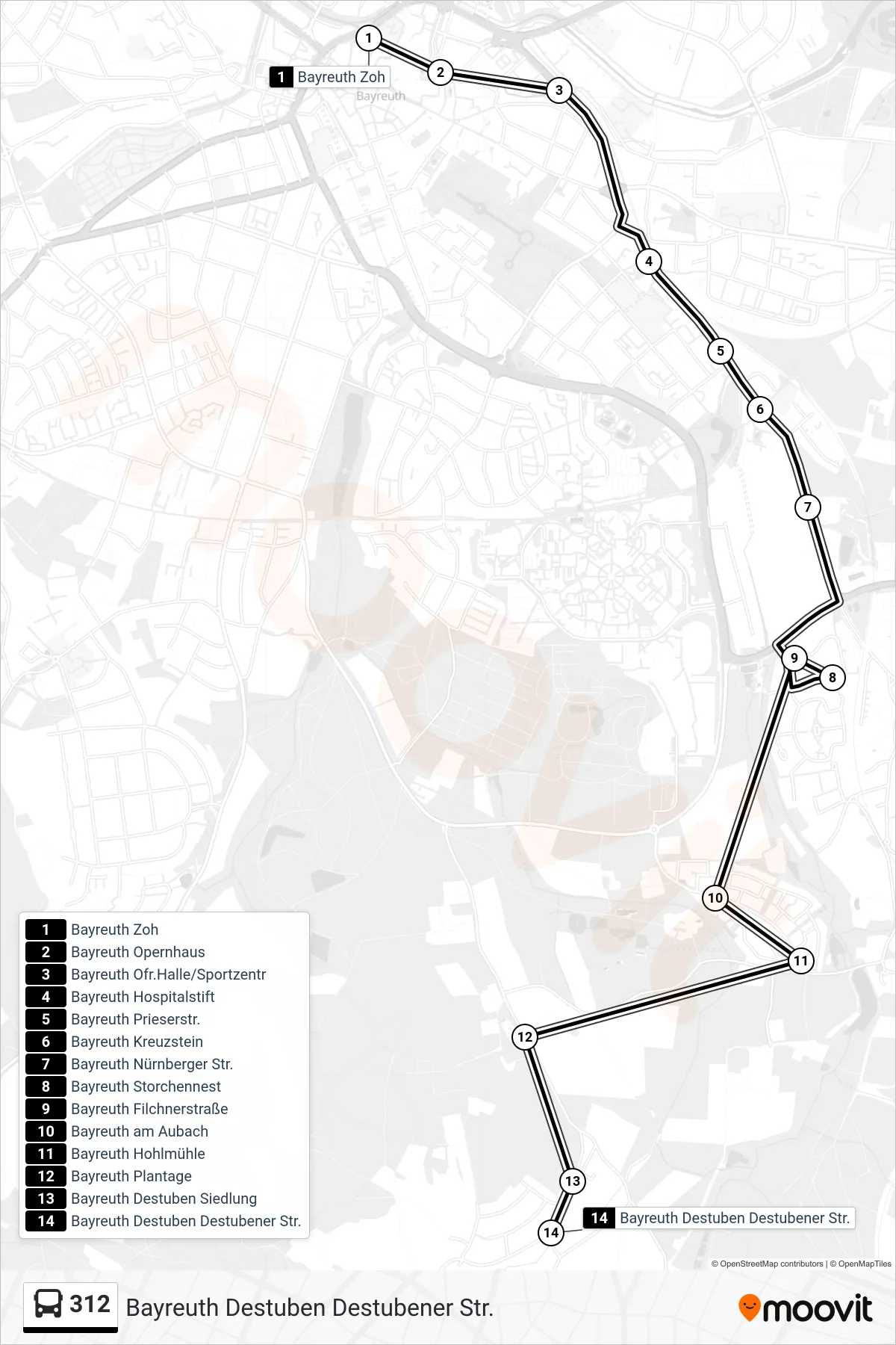 312 bus Line (Bayreuth Destuben Destubener Str.) route and stops on a map