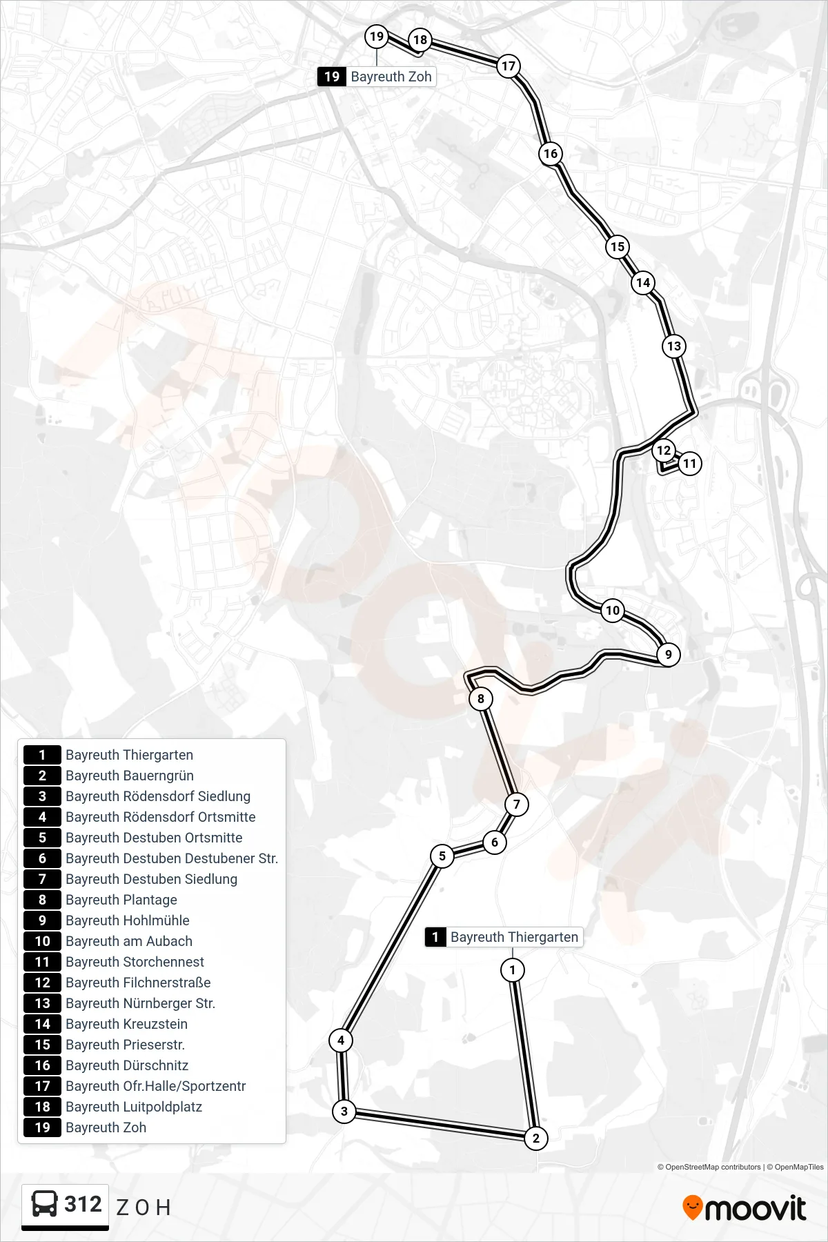 312 bus Line (Z O H) route and stops on a map