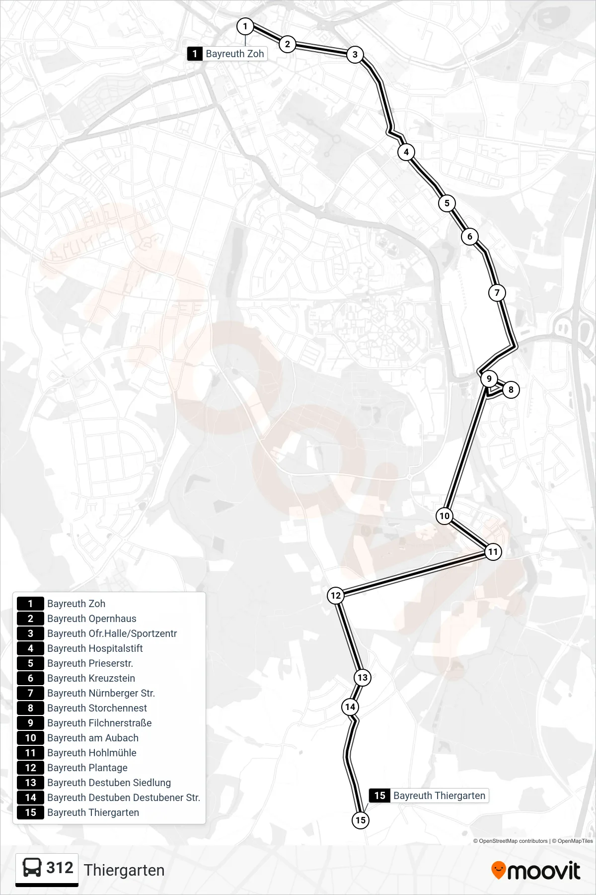 312 bus Line (Thiergarten) route and stops on a map