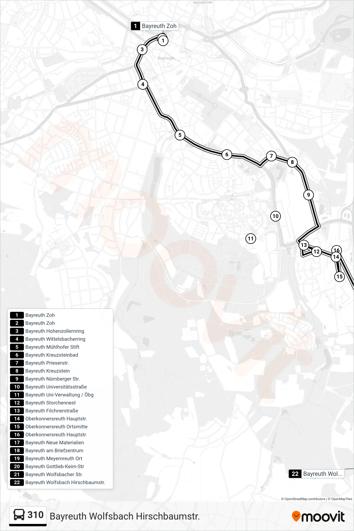 310 bus Line (Bayreuth Wolfsbach Hirschbaumstr.) route and stops on a map