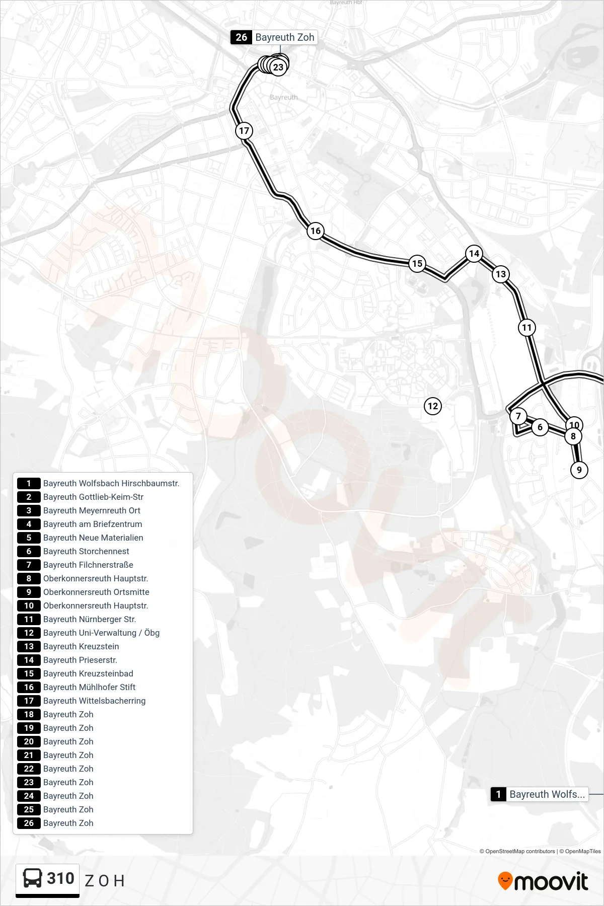310 bus Line (Z O H) route and stops on a map