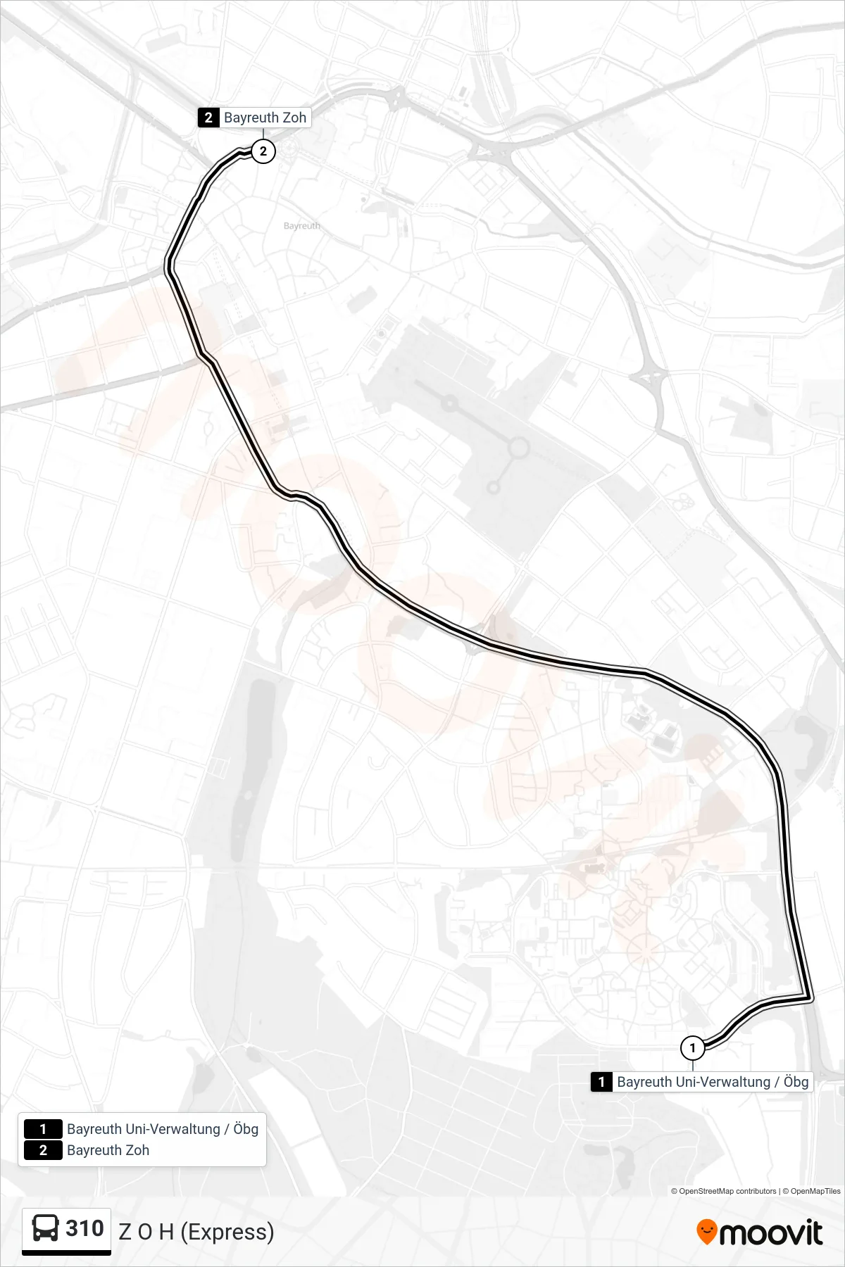 310 bus Line (Z O H (Express)) route and stops on a map
