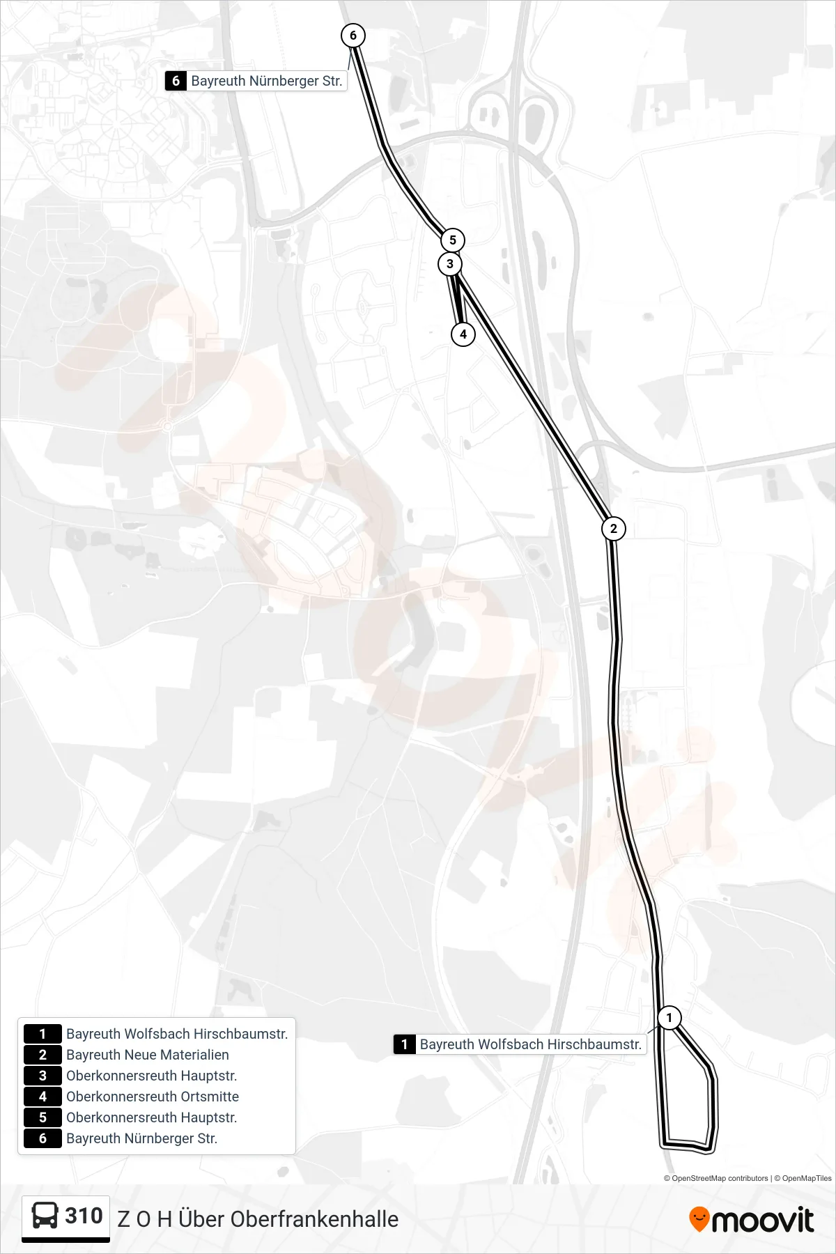 310 bus Line (Z O H Über Oberfrankenhalle) route and stops on a map