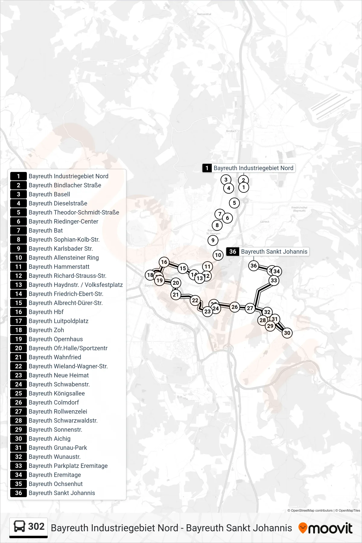 302 bus Line (Bayreuth Sankt Johannis) route and stops on a map
