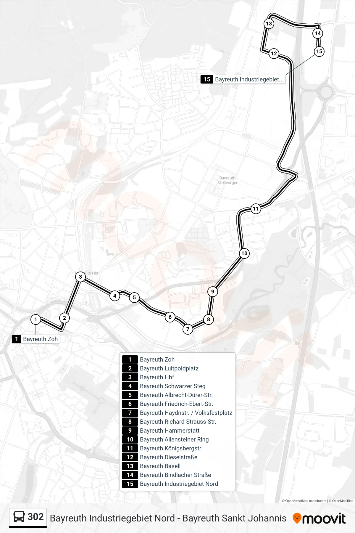 302 bus Line (Industriegebiet Nord) route and stops on a map