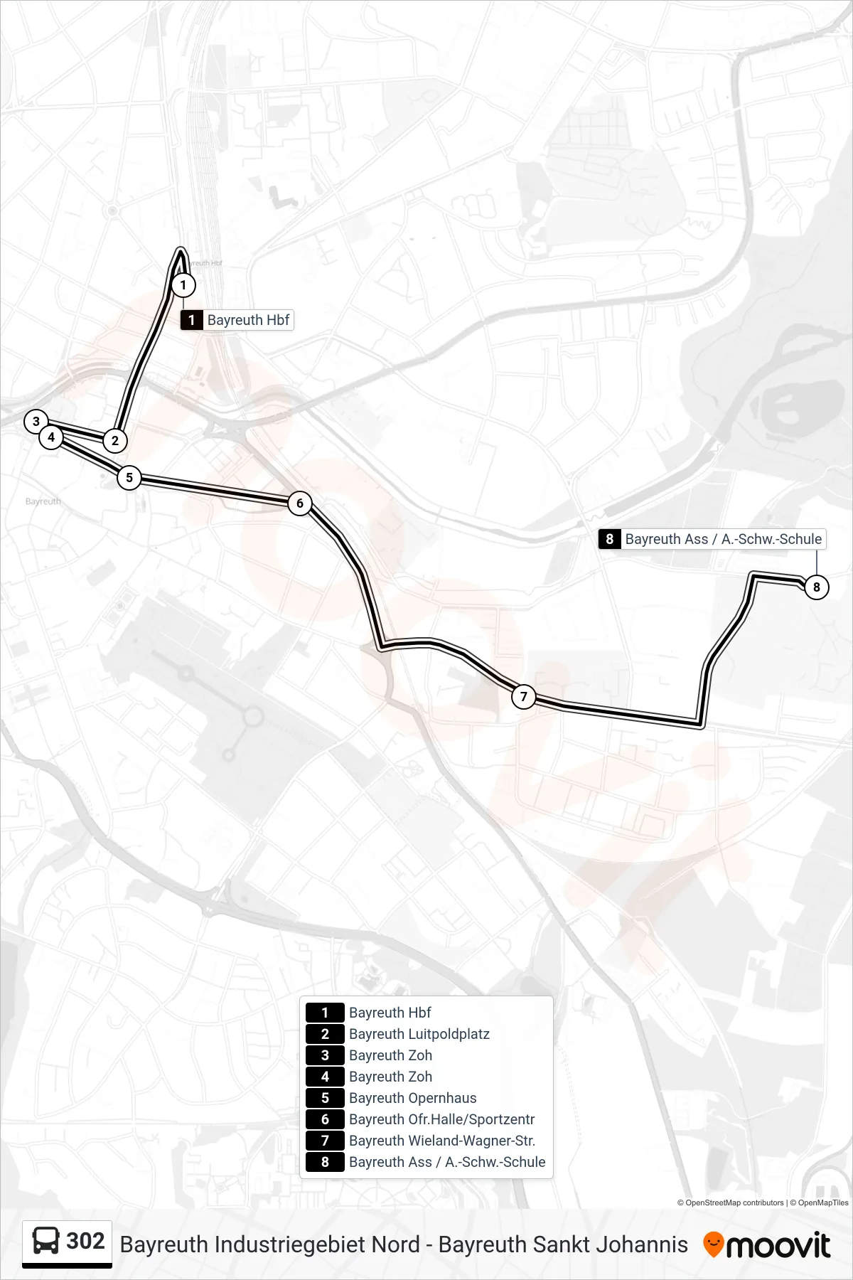 302 bus Line (Bayreuth Ass / A.-Schw.-Schule) route and stops on a map