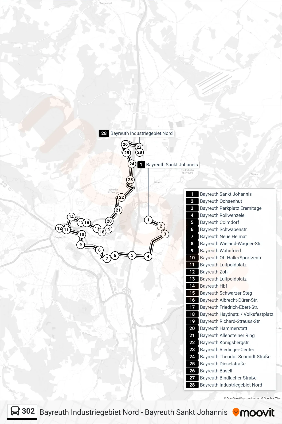 Linie 302 (Bus) Richtung Bayreuth Industriegebiet Nord: Route und Haltestellen auf der Karte