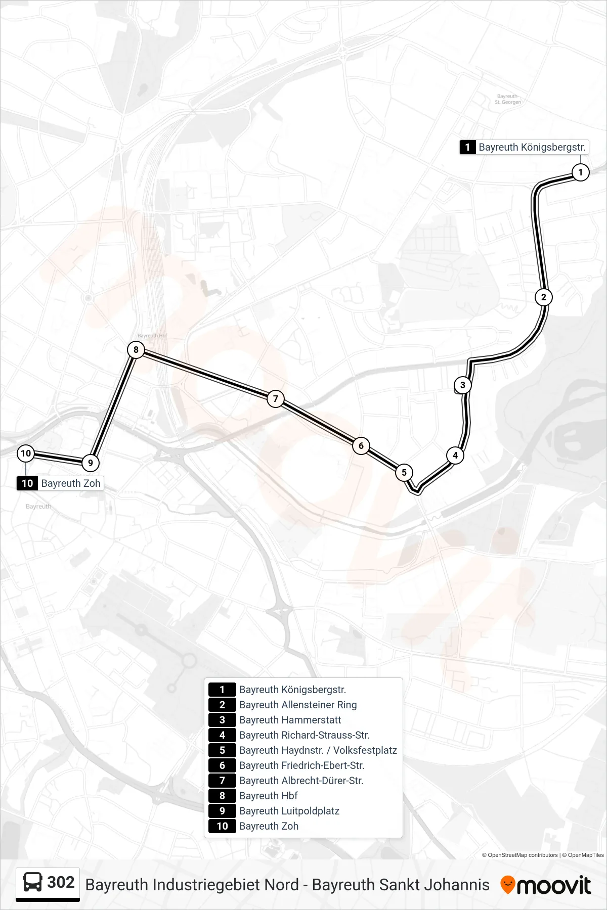 302 bus Line (Bayreuth Zoh) route and stops on a map