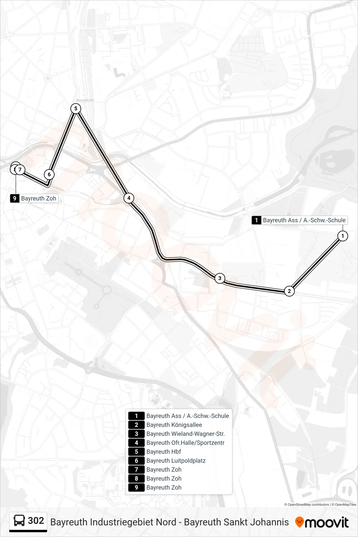 302 bus Line (Bayreuth Zoh) route and stops on a map