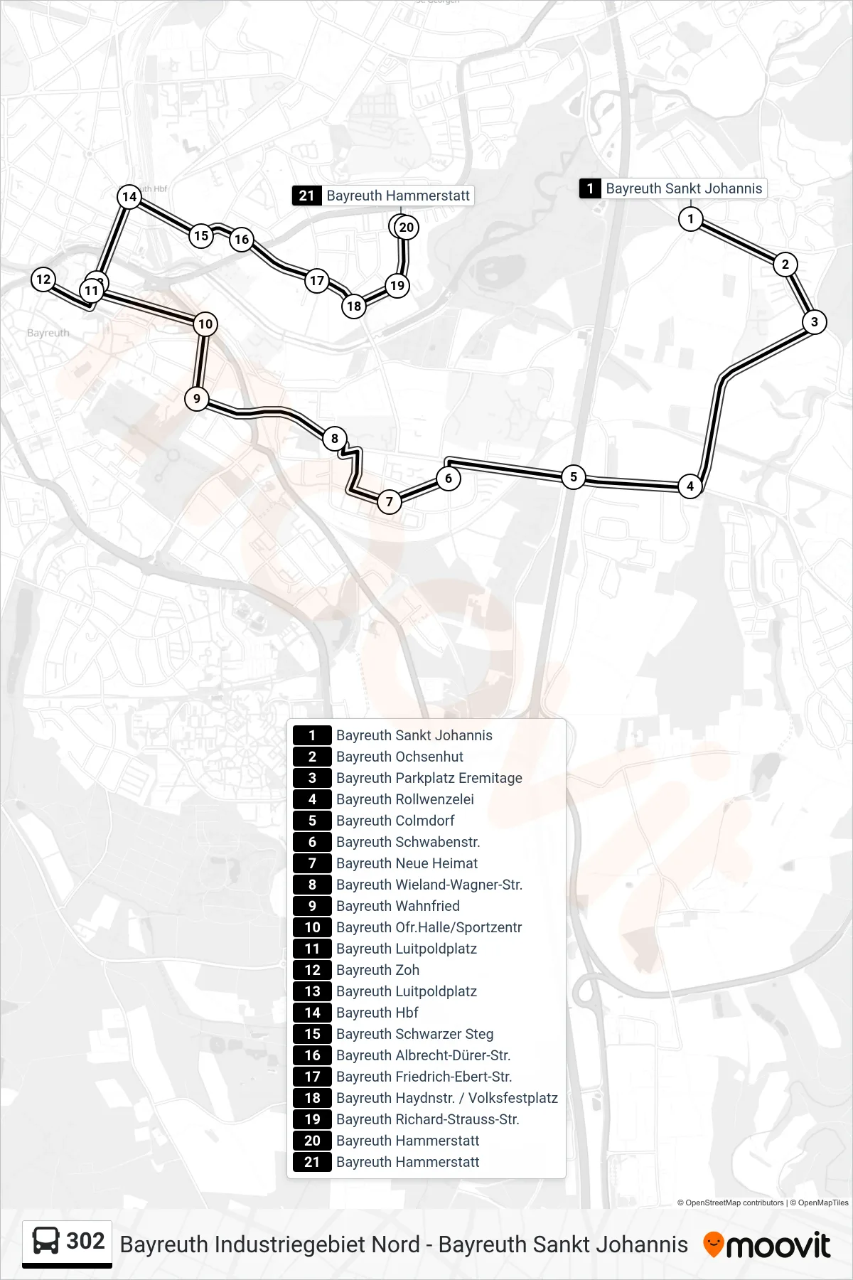 302 bus Line (Bayreuth Hammerstatt) route and stops on a map