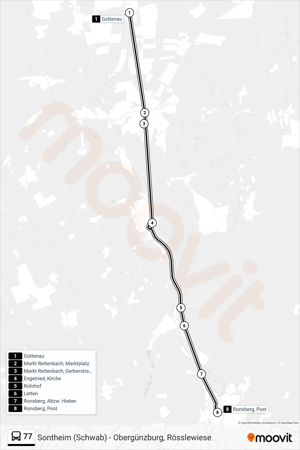 77 bus Line (Ronsberg) route and stops on a map