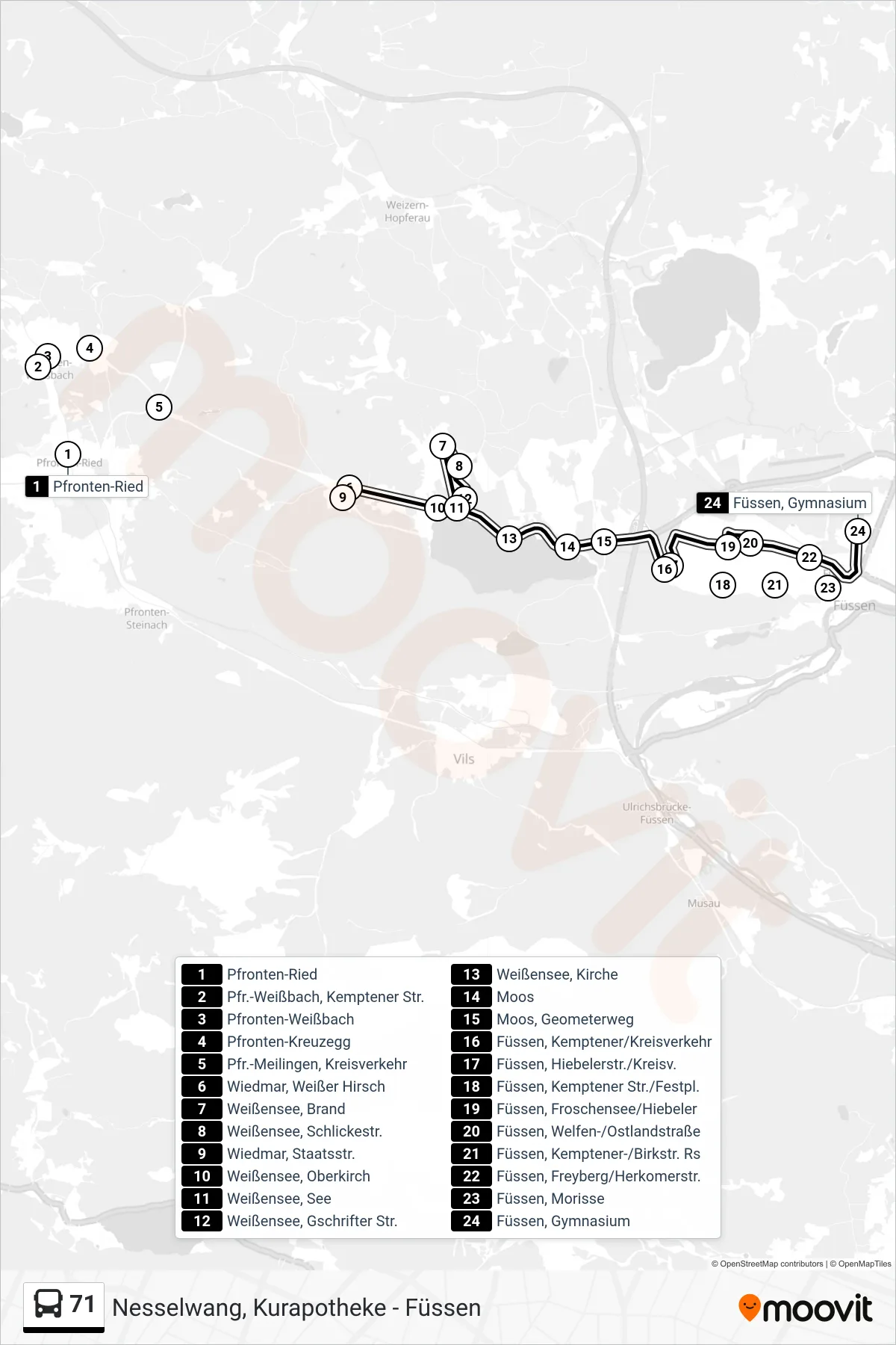 Linie 71 (Bus) Richtung Gymnasium Füssen: Route und Haltestellen auf der Karte