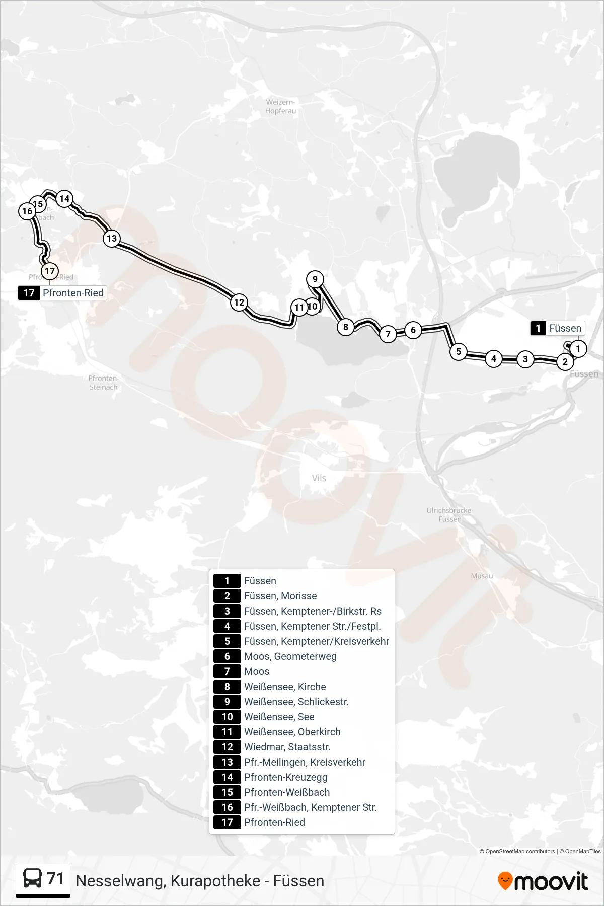 Linie 71 (Bus) Richtung Pfronten: Route und Haltestellen auf der Karte