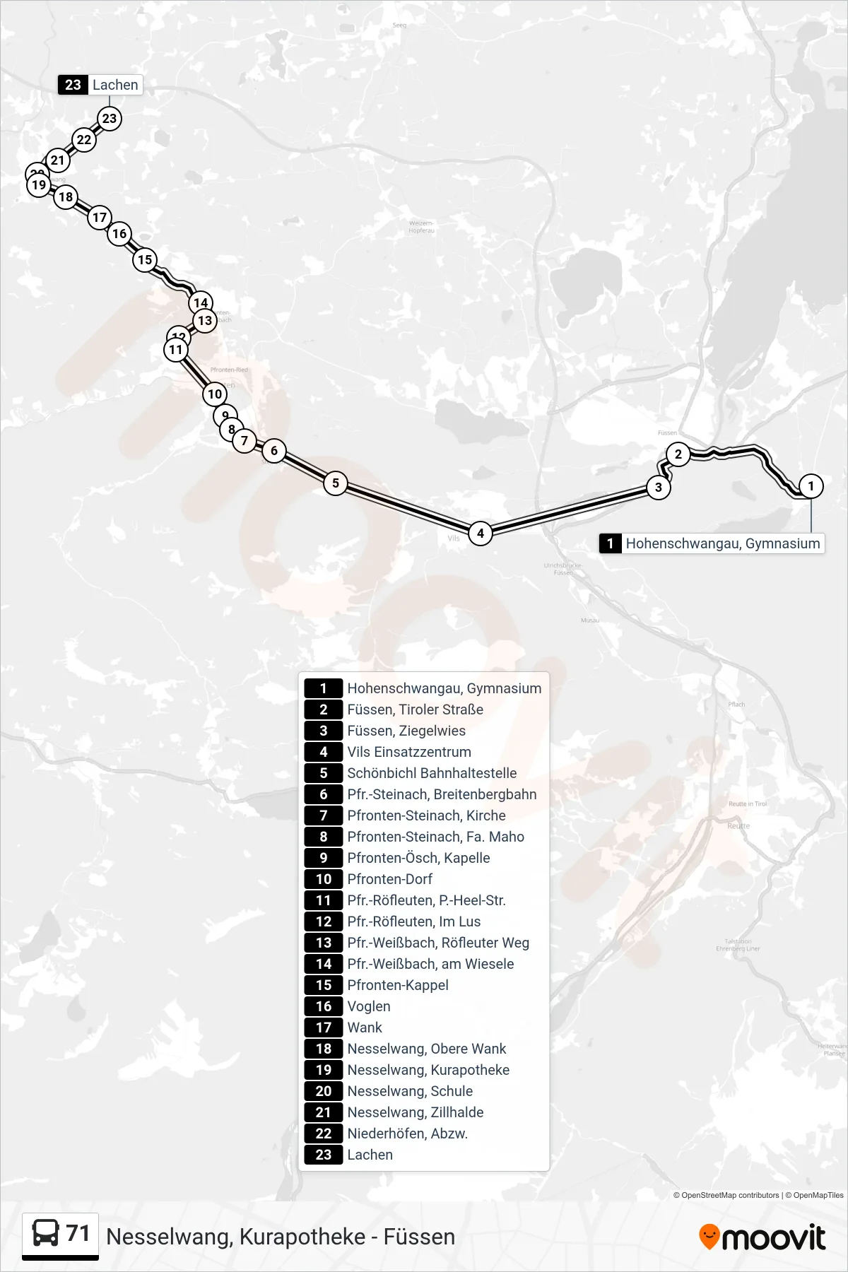 Linie 71 (Bus) Richtung Nesselwang: Route und Haltestellen auf der Karte