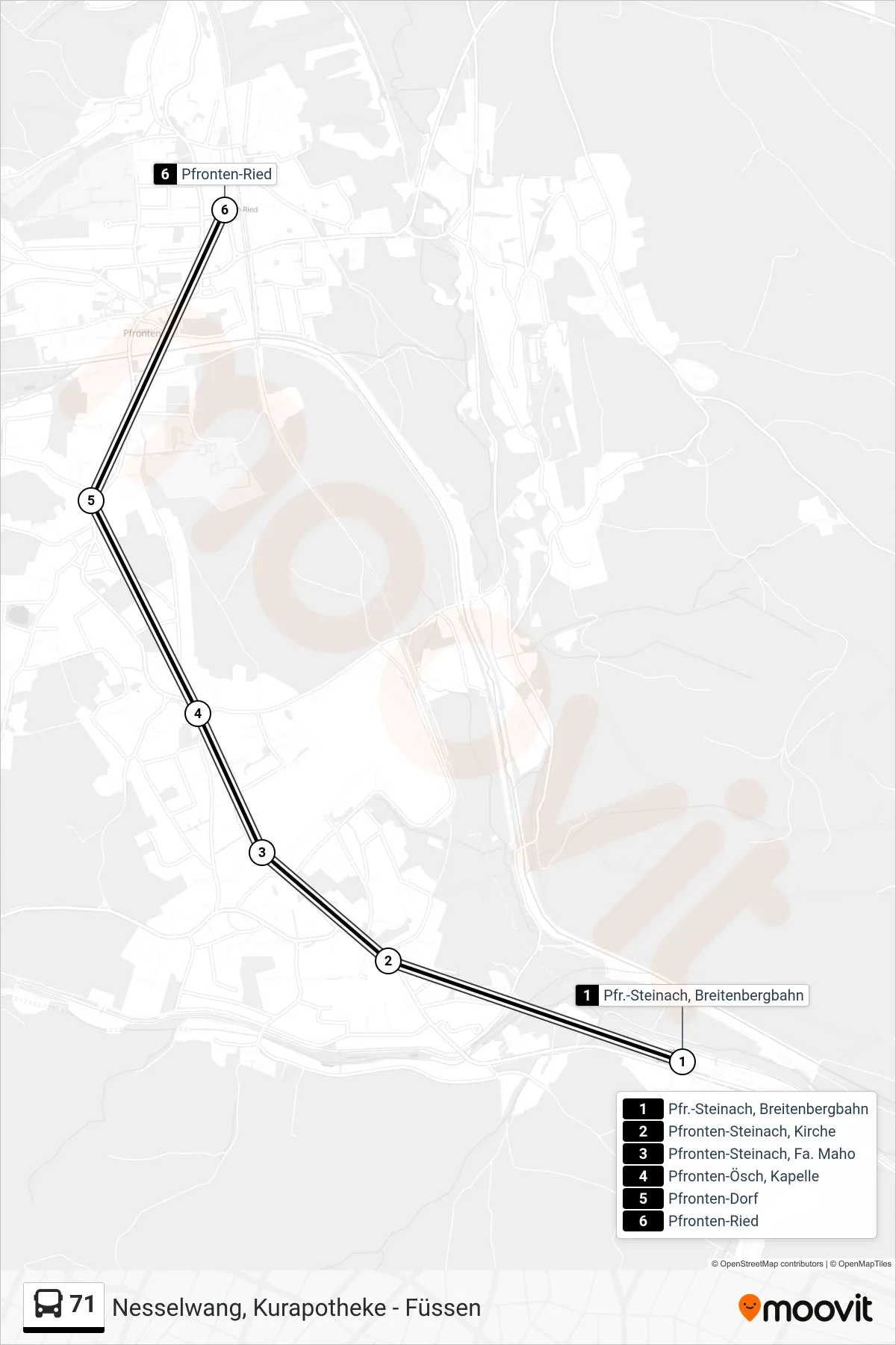 71 bus Line (Pfronten Ried) route and stops on a map