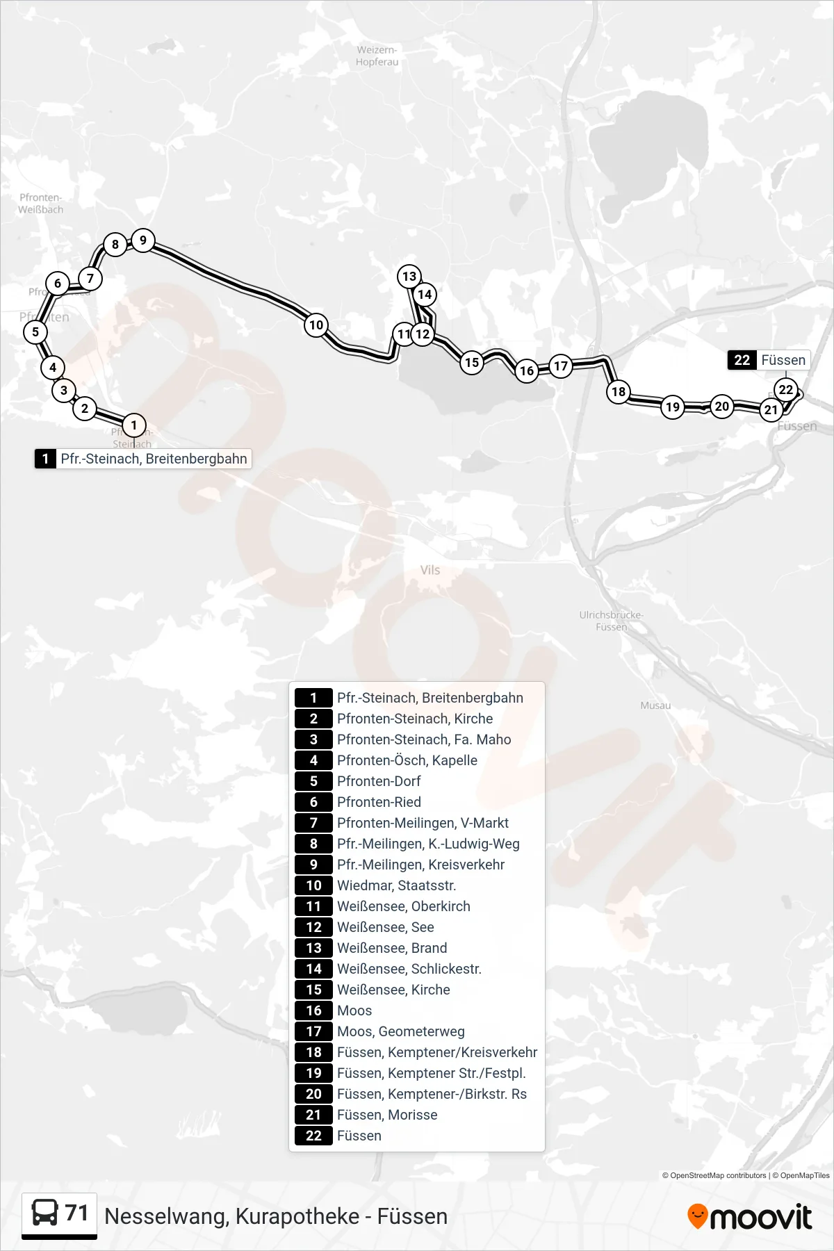 71 bus Line (Meilingen-Füssen) route and stops on a map