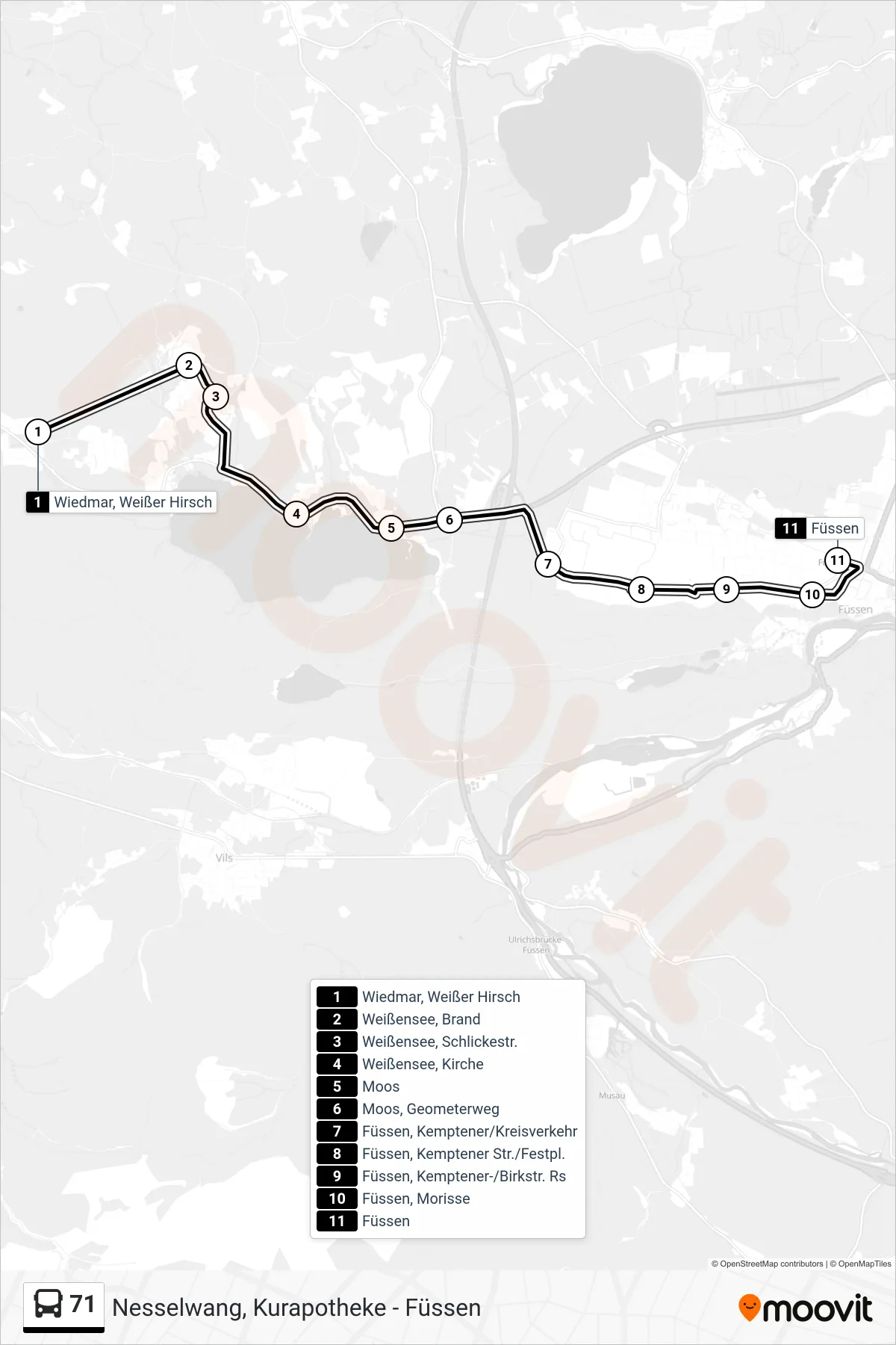 71 bus Line (Füssen Bahnhof) route and stops on a map
