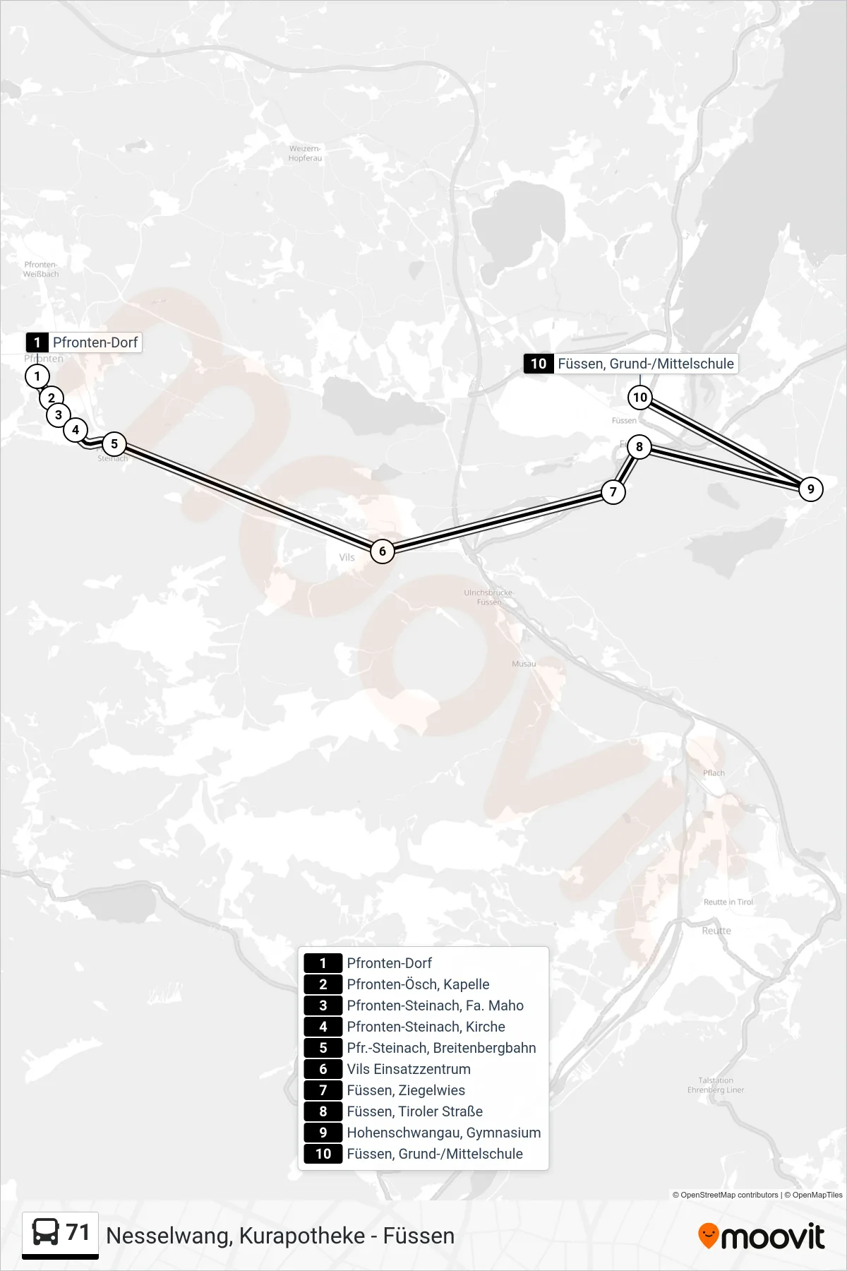 Linie 71 (Bus) Richtung Hohenschwangau: Route und Haltestellen auf der Karte