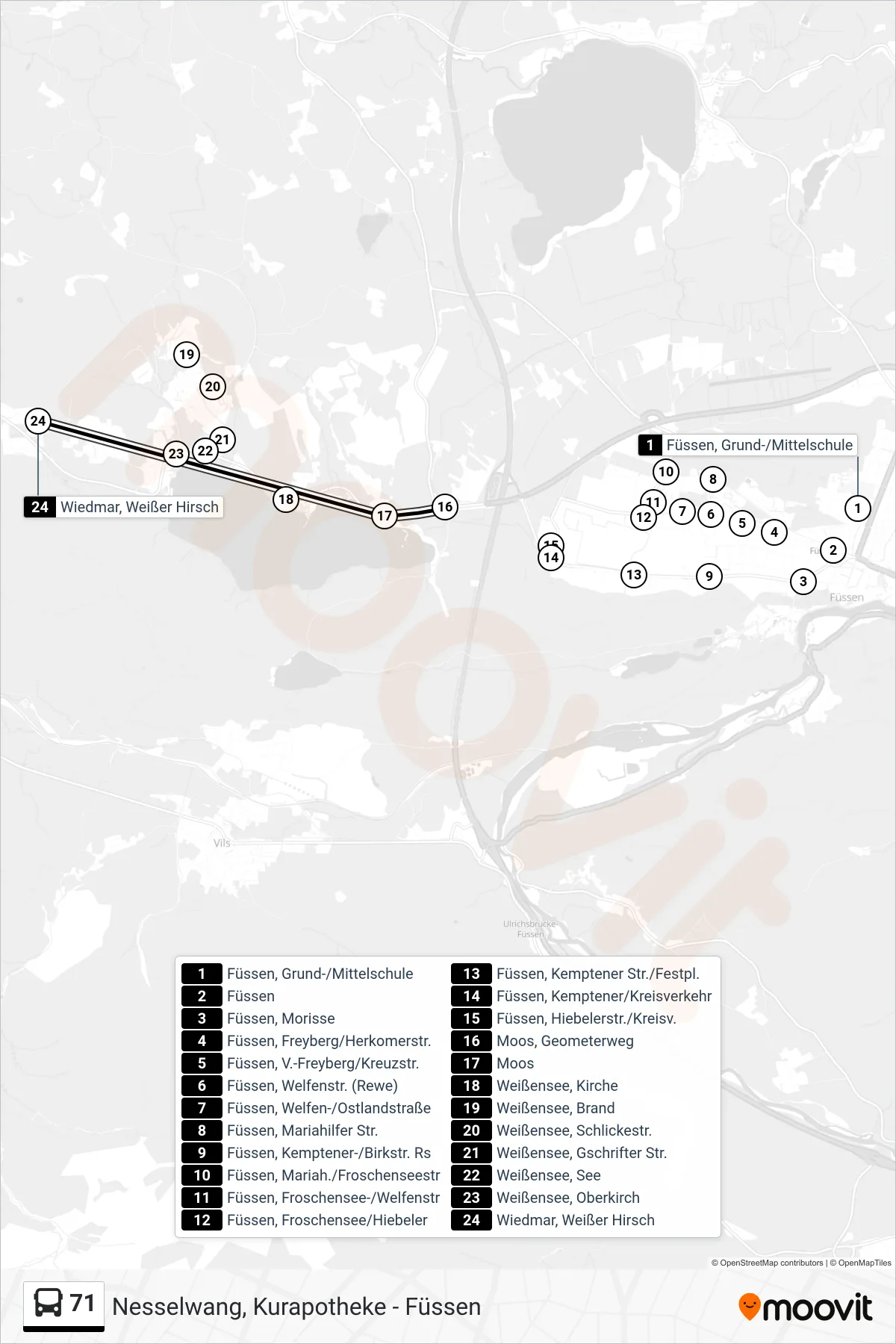 71 bus Line (Wiedmar) route and stops on a map