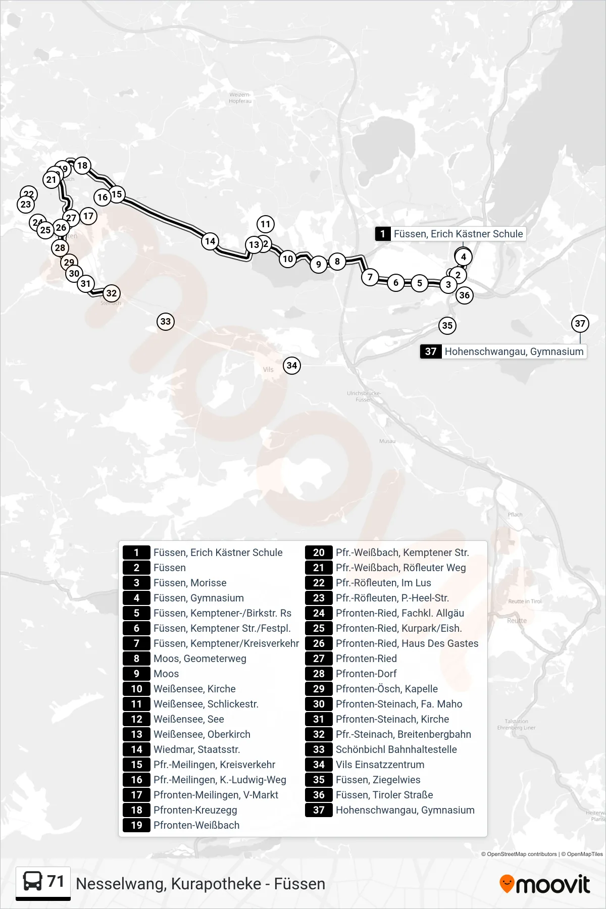 71 bus Line (Pfrontensteinach) route and stops on a map