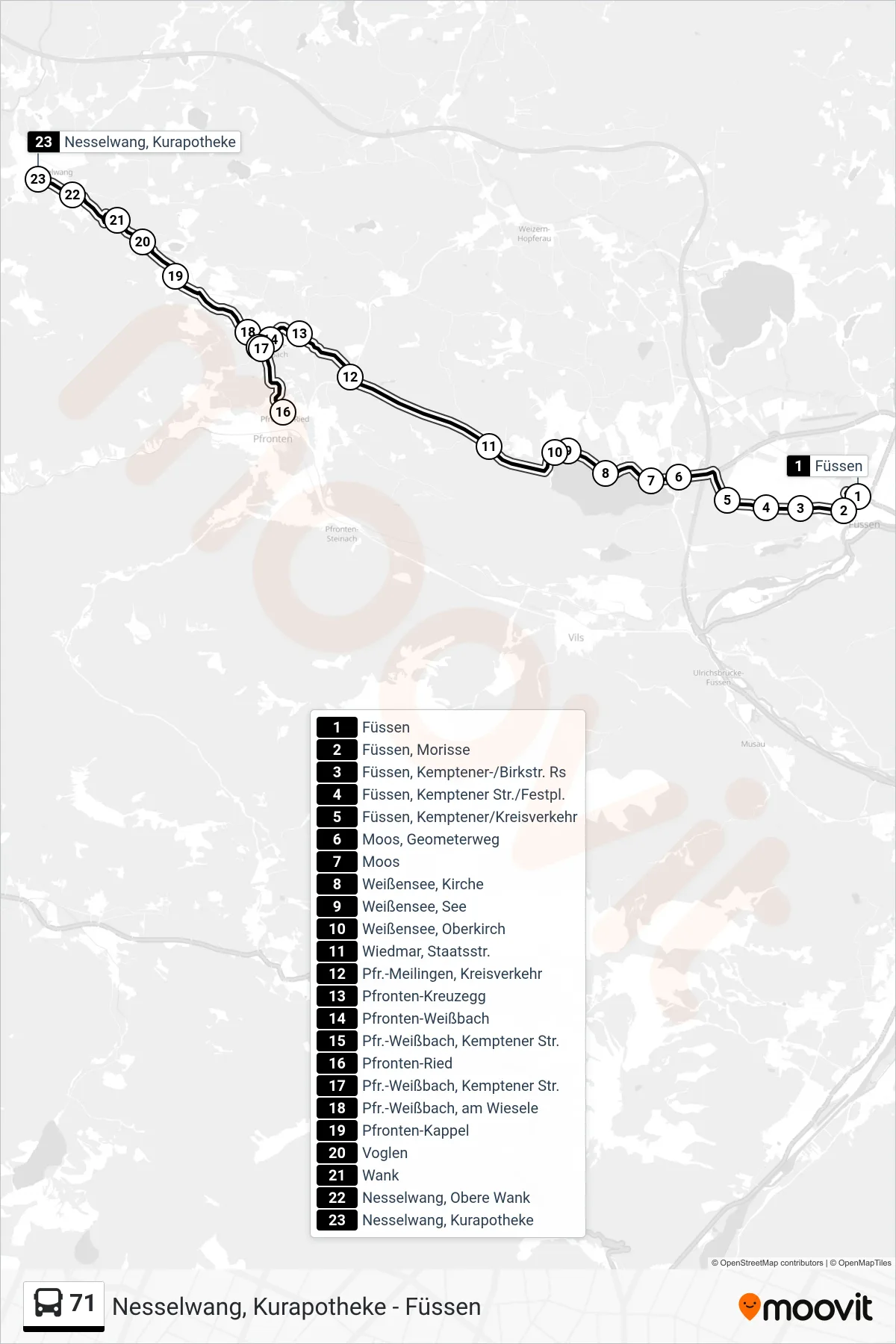 71 bus Line (Kempten) route and stops on a map