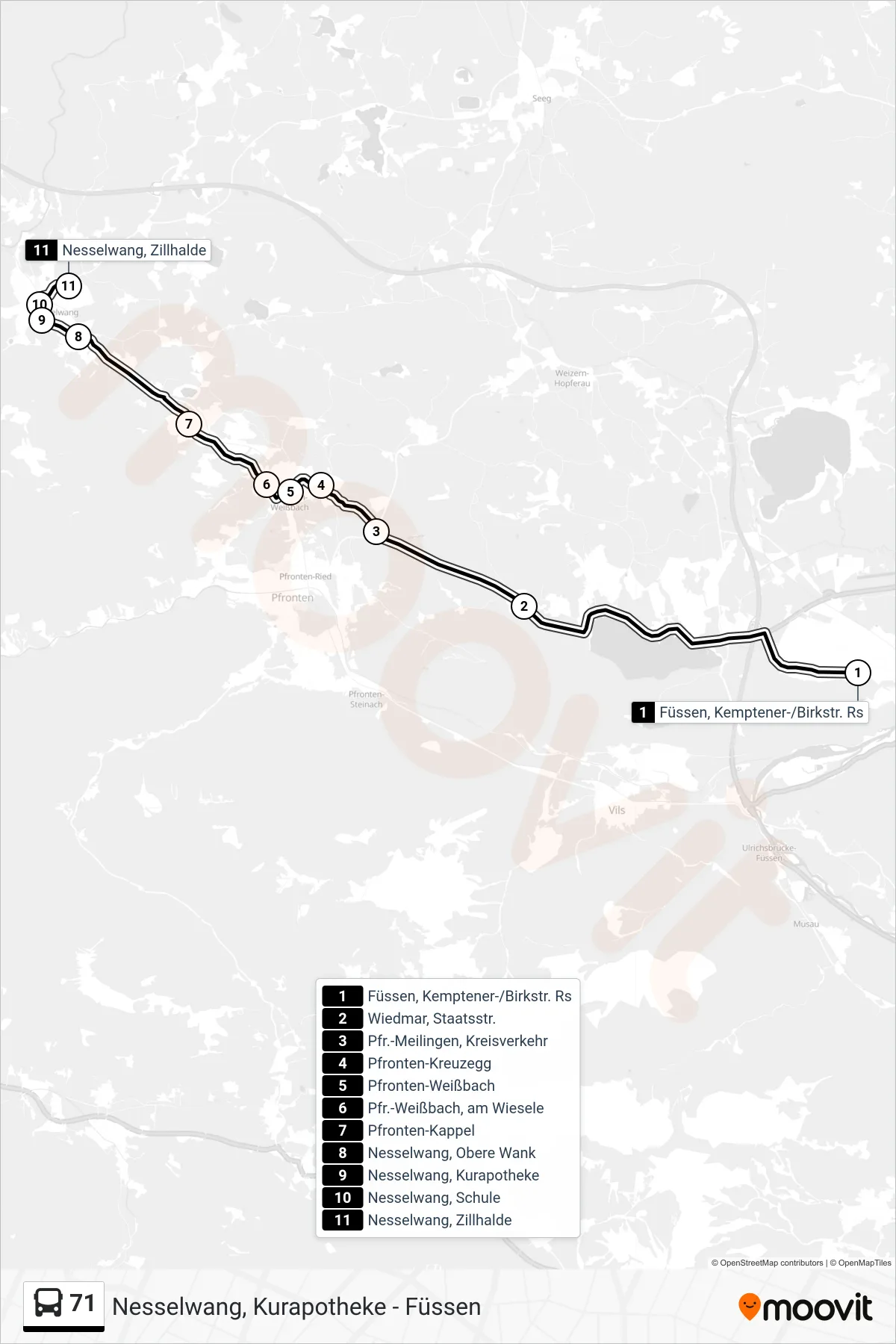 71 bus Line (Schulbus) route and stops on a map