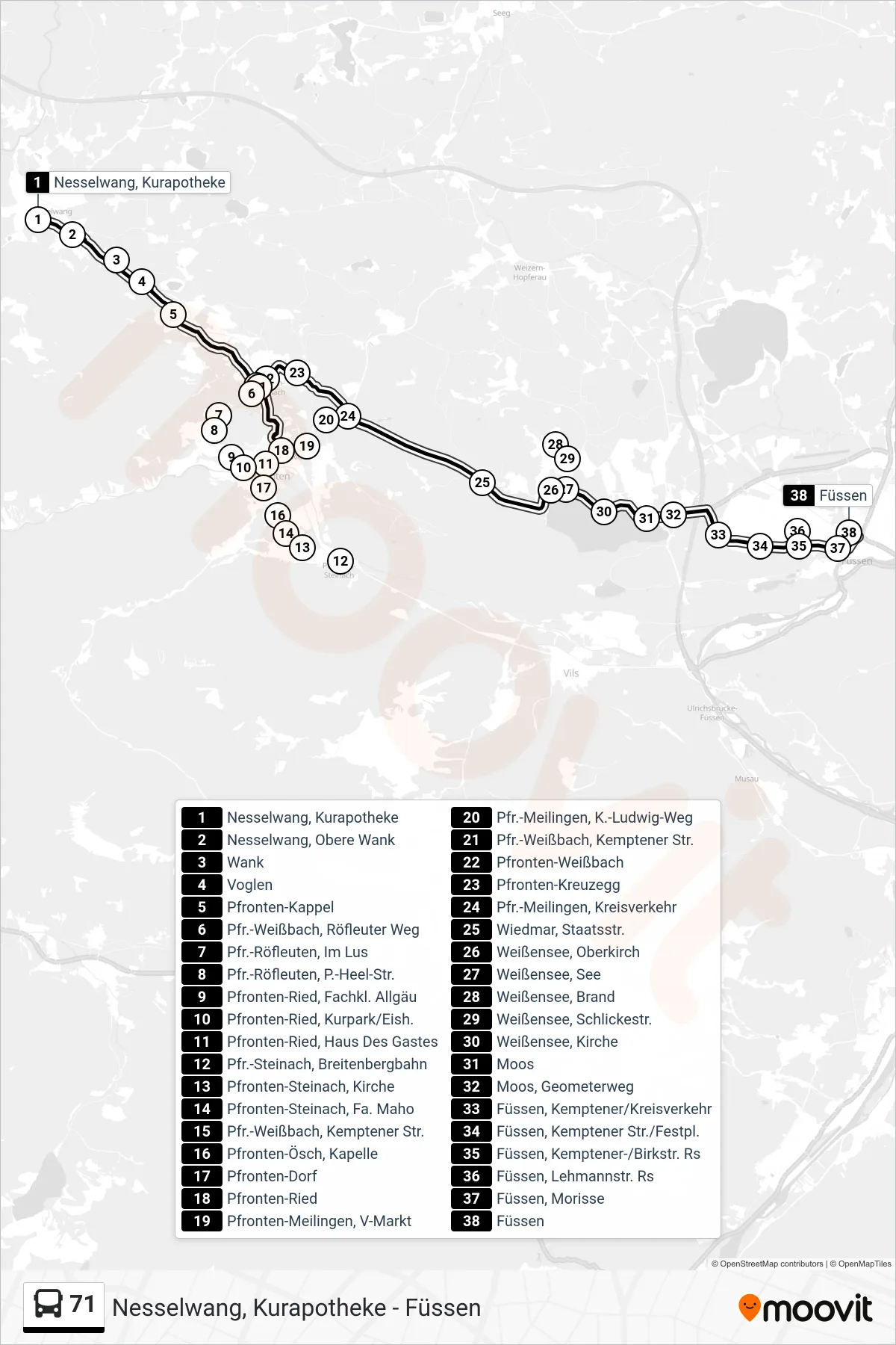 71 bus Line (Füssen) route and stops on a map