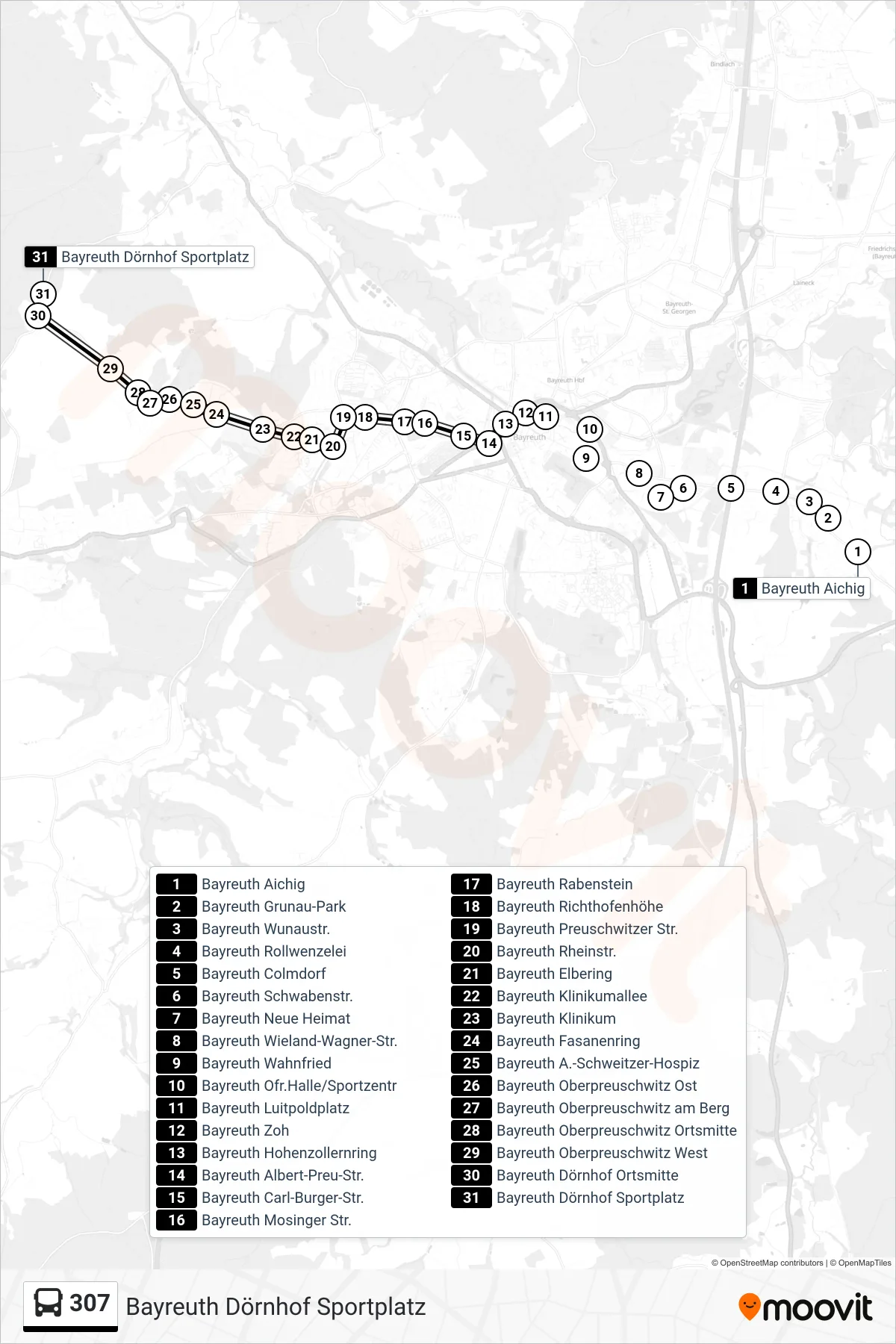 307 bus Line (Bayreuth Dörnhof Sportplatz) route and stops on a map