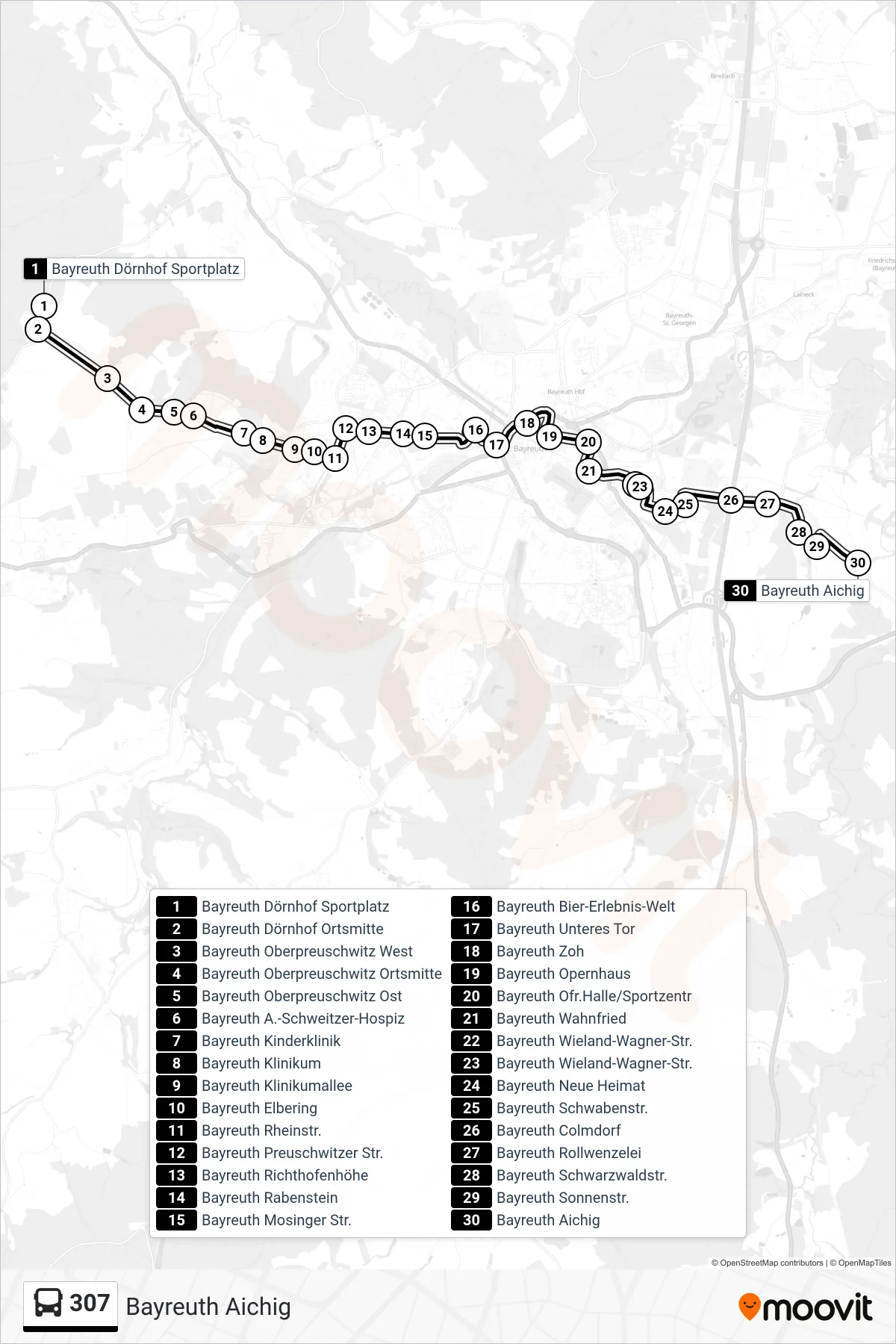 Linie 307 (Bus) Richtung Bayreuth Aichig: Route und Haltestellen auf der Karte