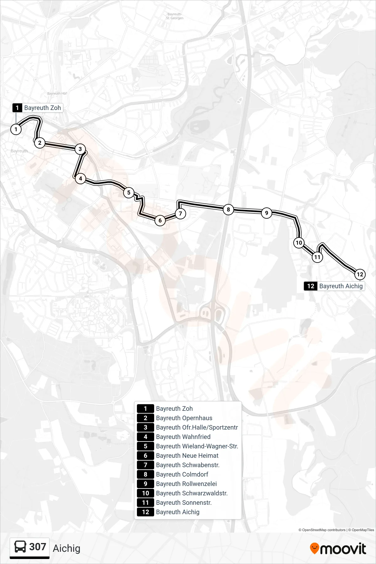 307 bus Line (Aichig) route and stops on a map