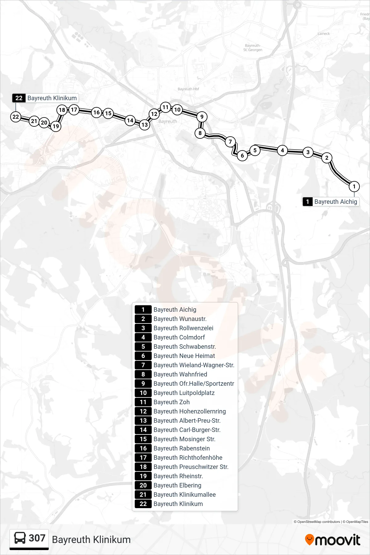 Linie 307 (Bus) Richtung Bayreuth Klinikum: Route und Haltestellen auf der Karte