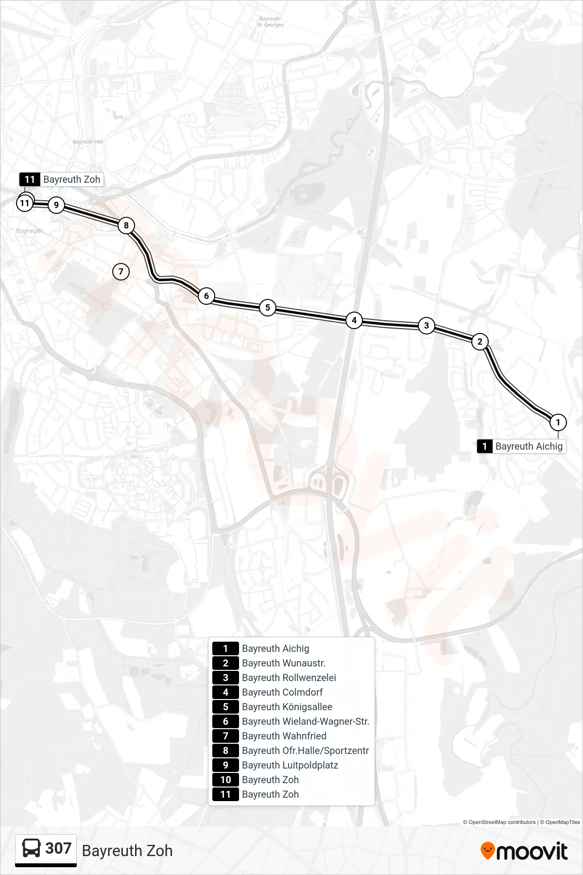 307 bus Line (Bayreuth Zoh) route and stops on a map