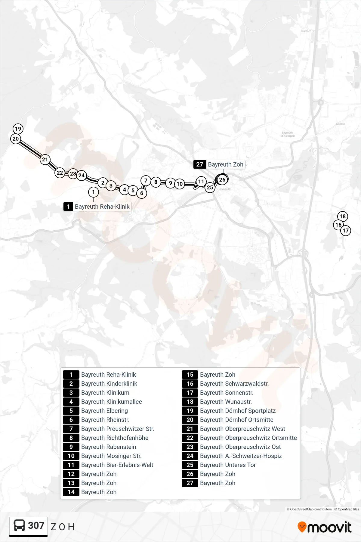 307 bus Line (Z O H) route and stops on a map