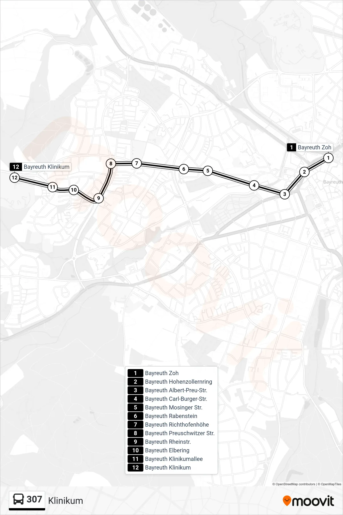 307 bus Line (Klinikum) route and stops on a map