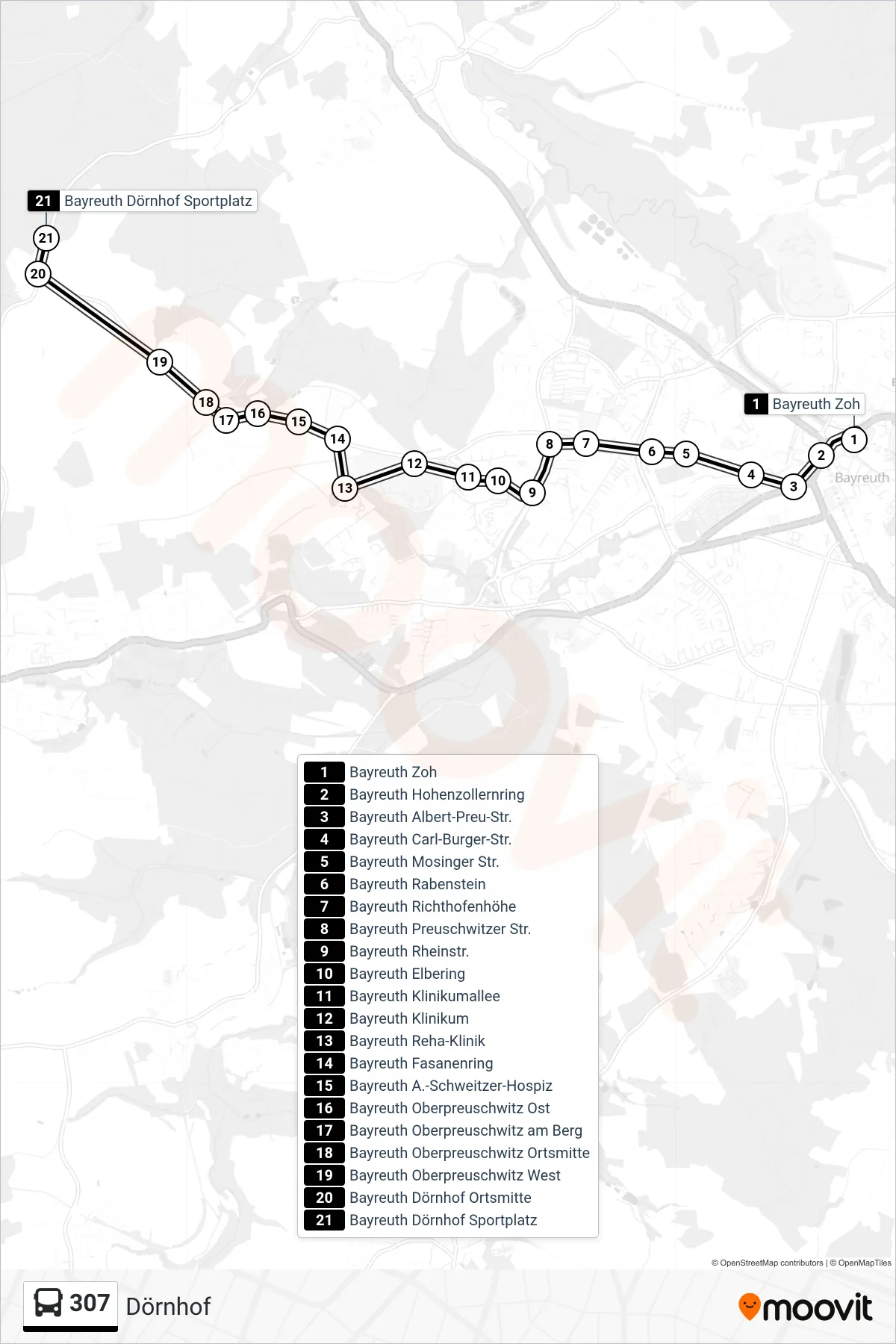 307 bus Line (Dörnhof) route and stops on a map
