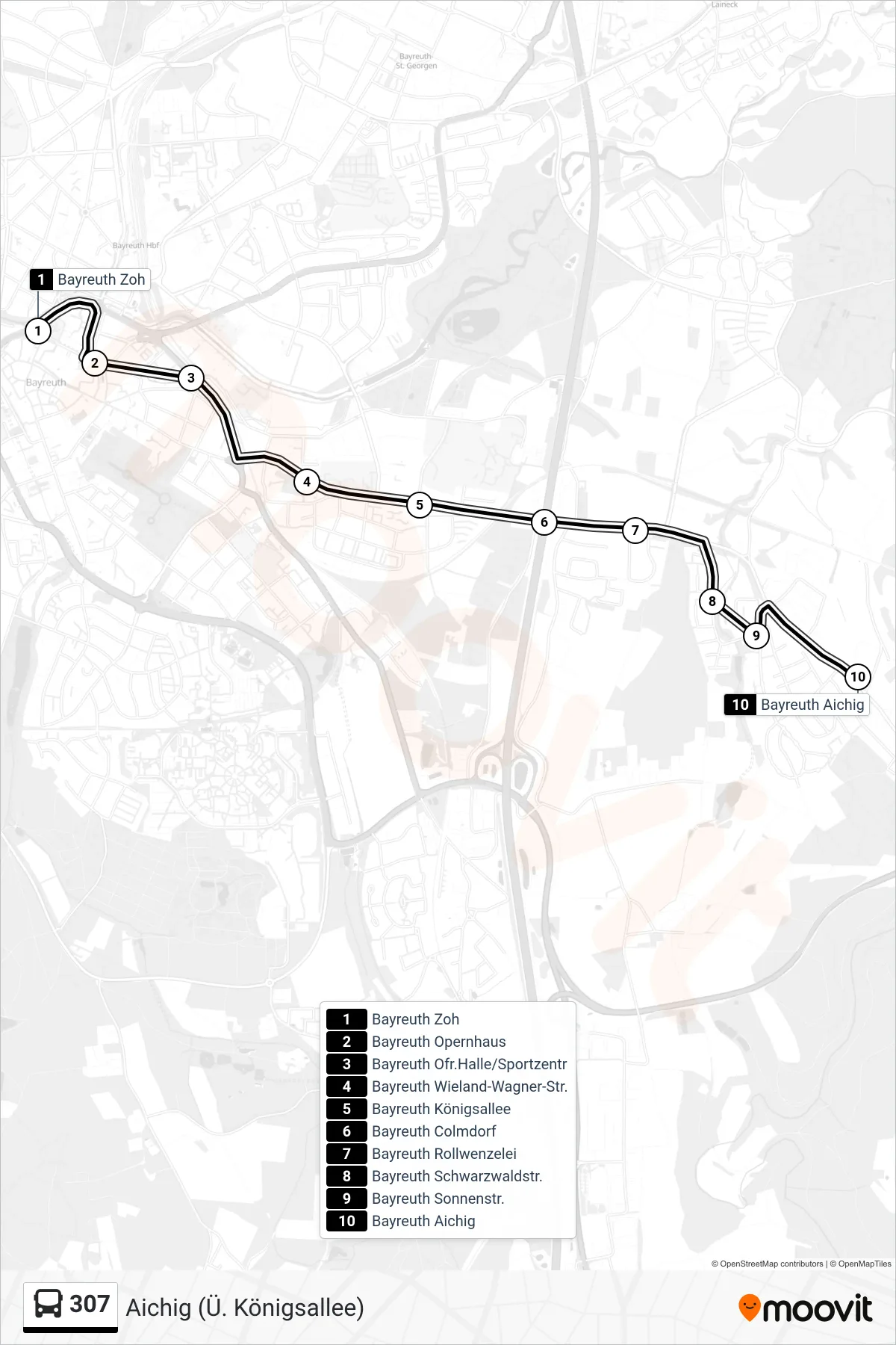 307 bus Line (Aichig (Ü. Königsallee)) route and stops on a map