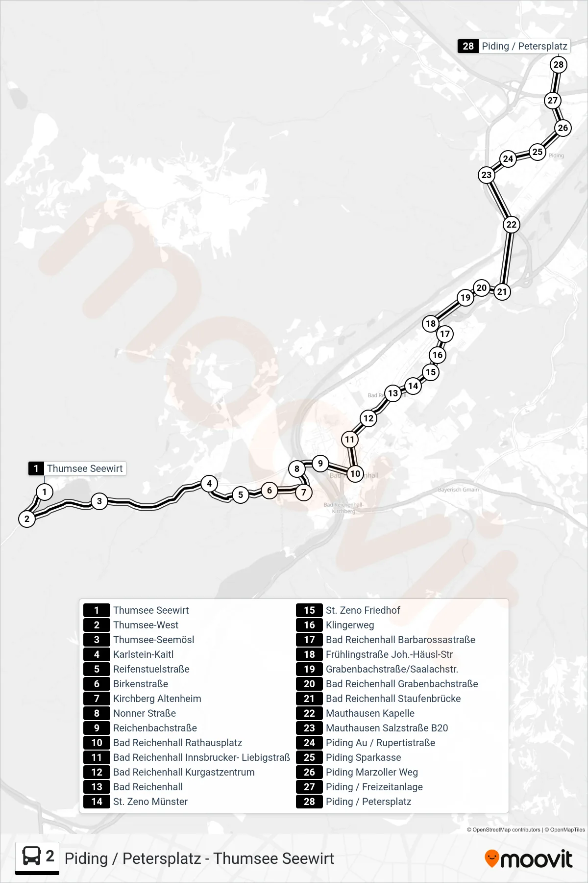 2 bus Line (Piding / Petersplatz) route and stops on a map
