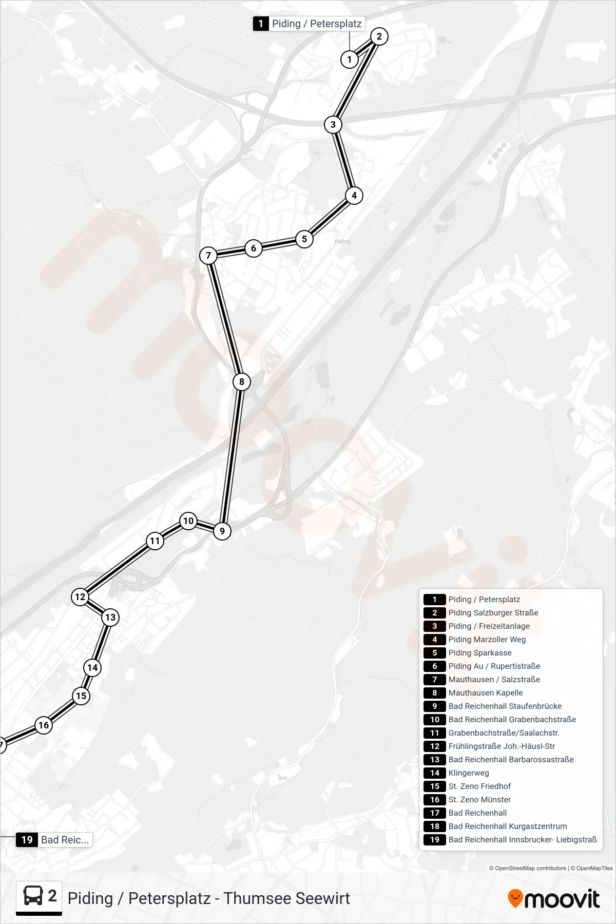 2 bus Line (Bad Reichenhall; Innsbrucker Str.) route and stops on a map