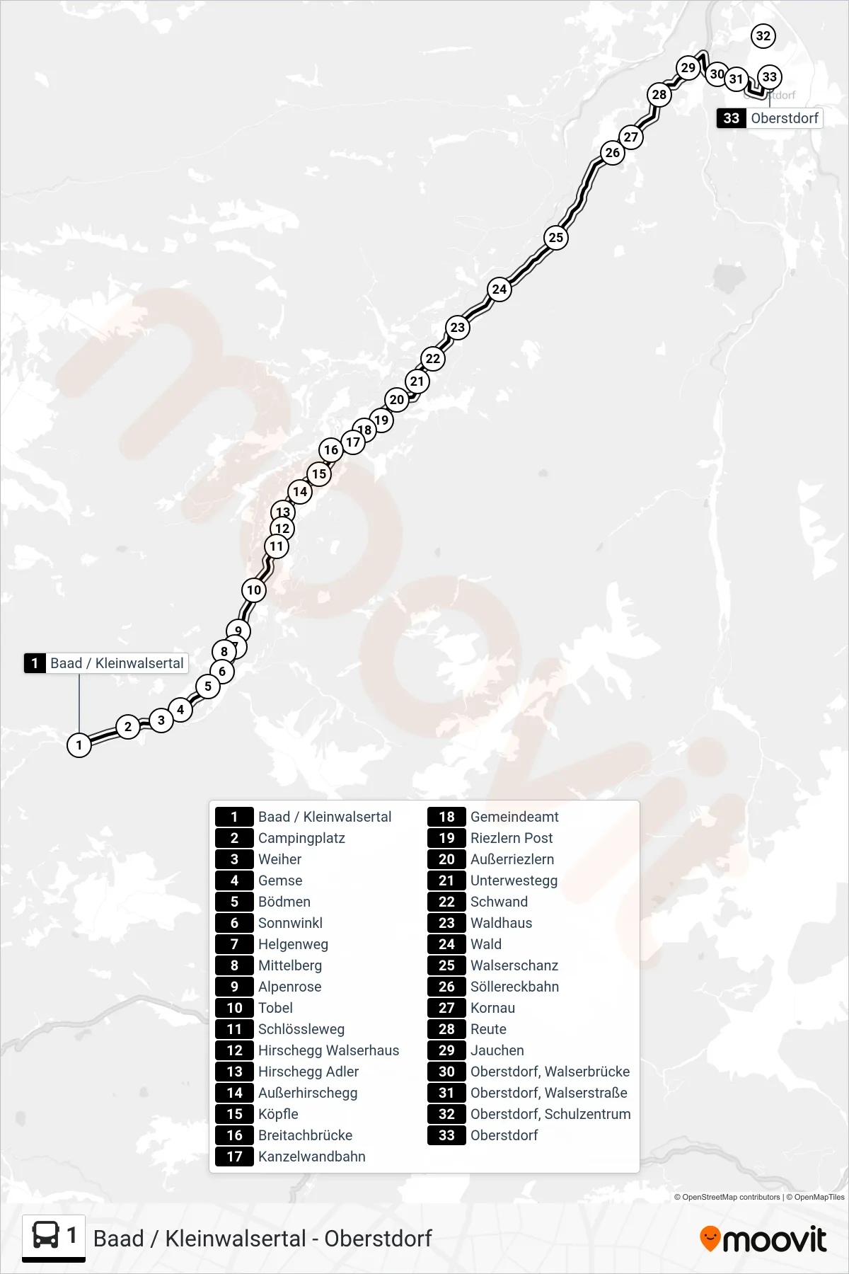 1 bus Line (Oberstdorf) route and stops on a map