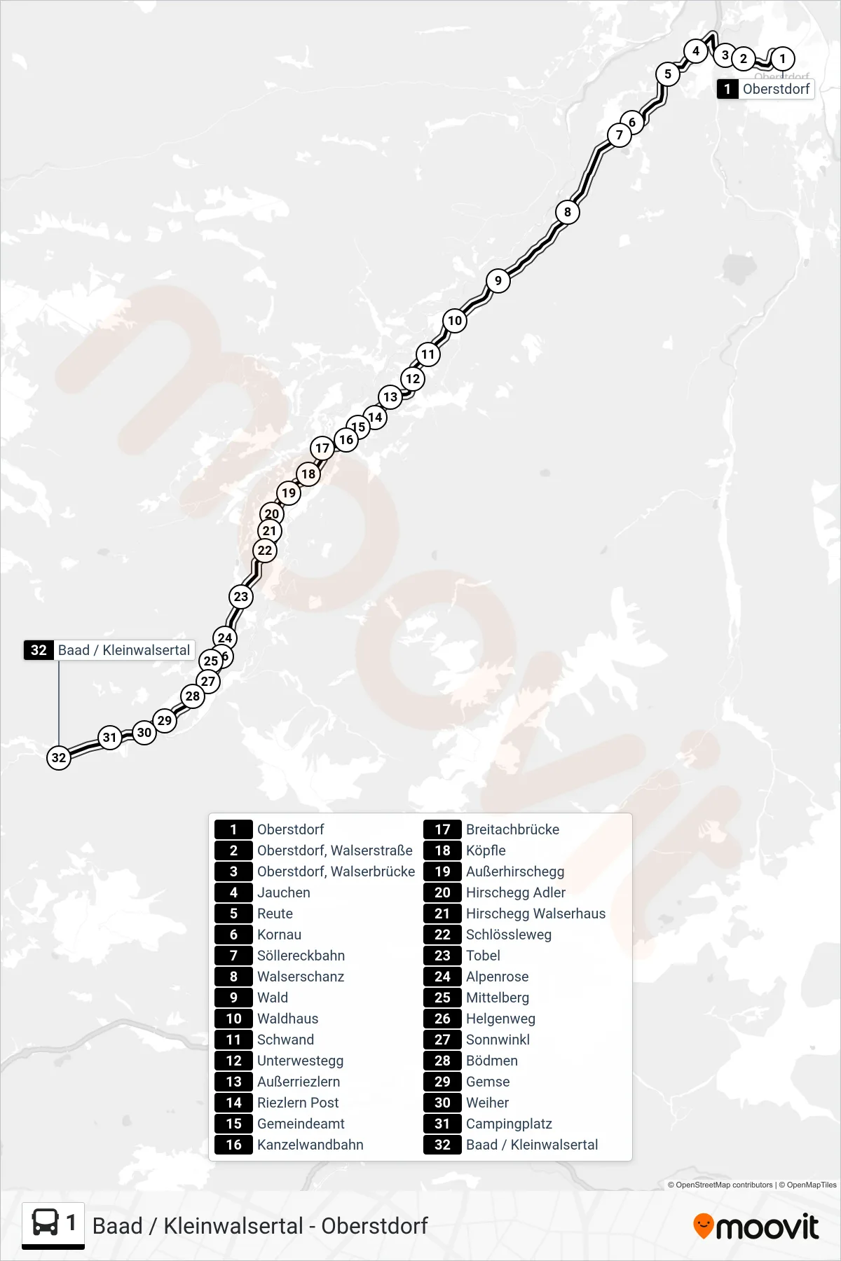1 bus Line (Baad) route and stops on a map