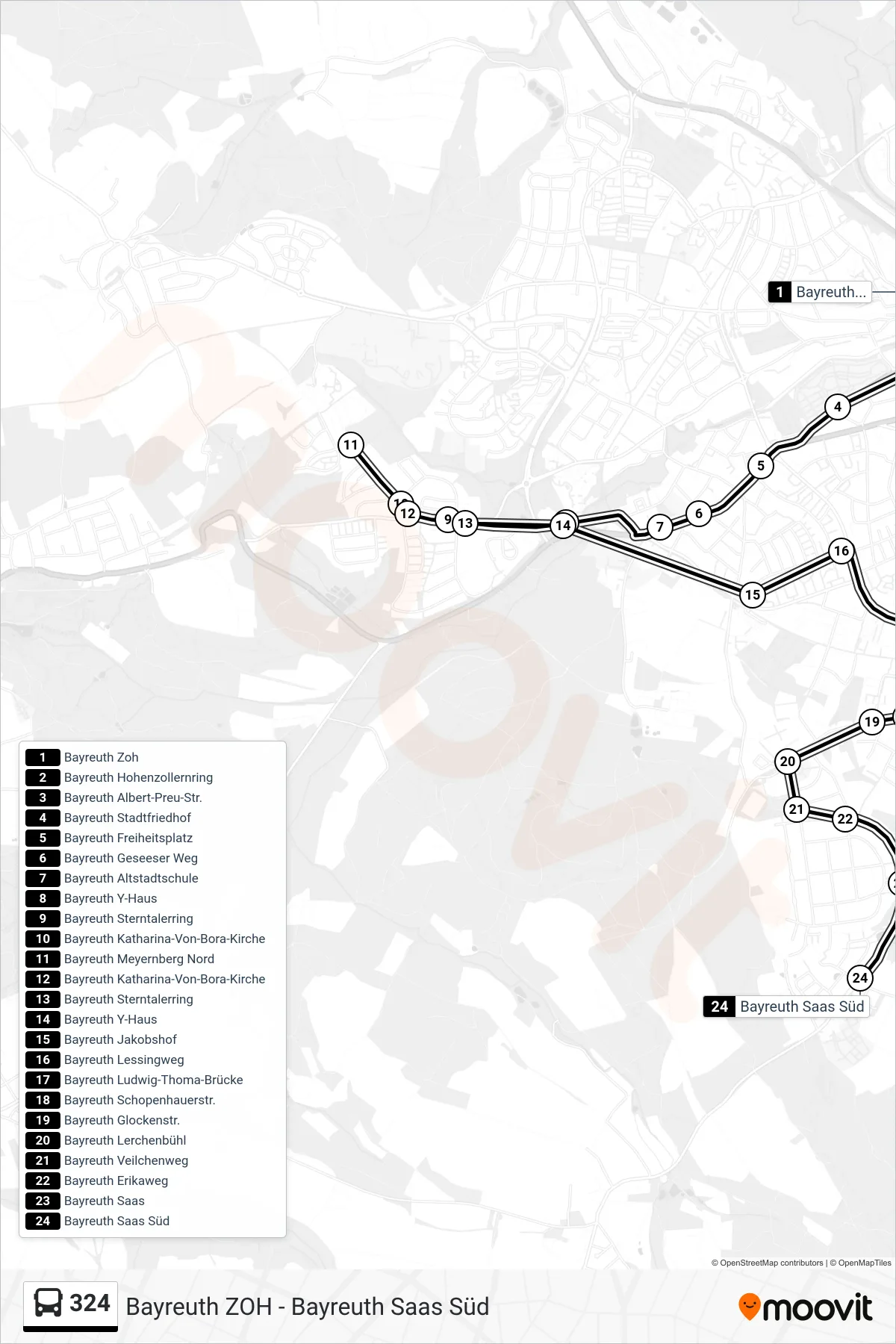 324 bus Line (Bayreuth Saas Süd) route and stops on a map