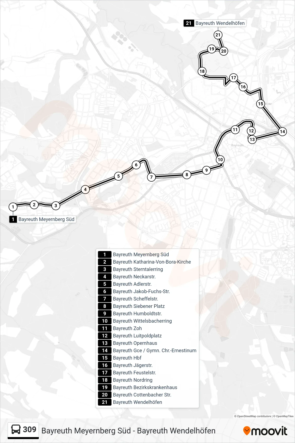 309 bus Line (Bayreuth Wendelhöfen) route and stops on a map