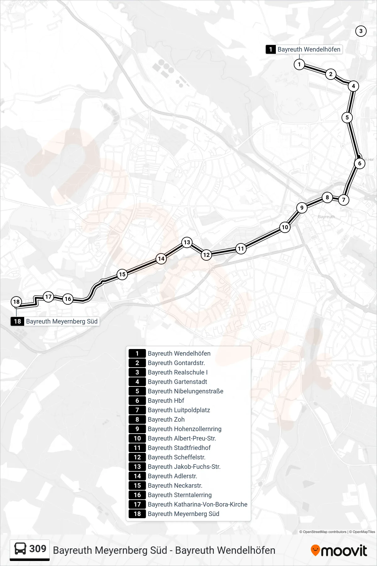 309 bus Line (Bayreuth Meyernberg Süd) route and stops on a map