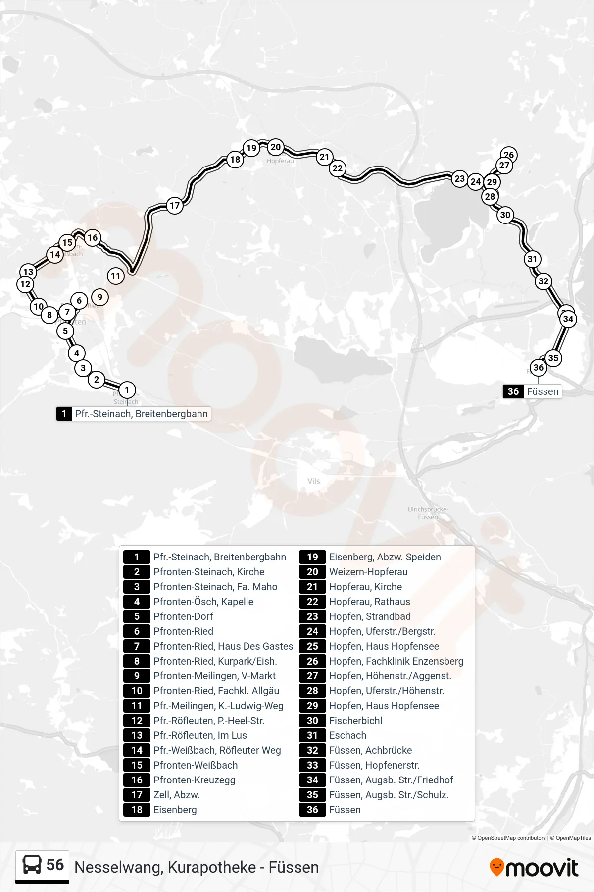 56 bus Line (Hopfen-Füssen) route and stops on a map